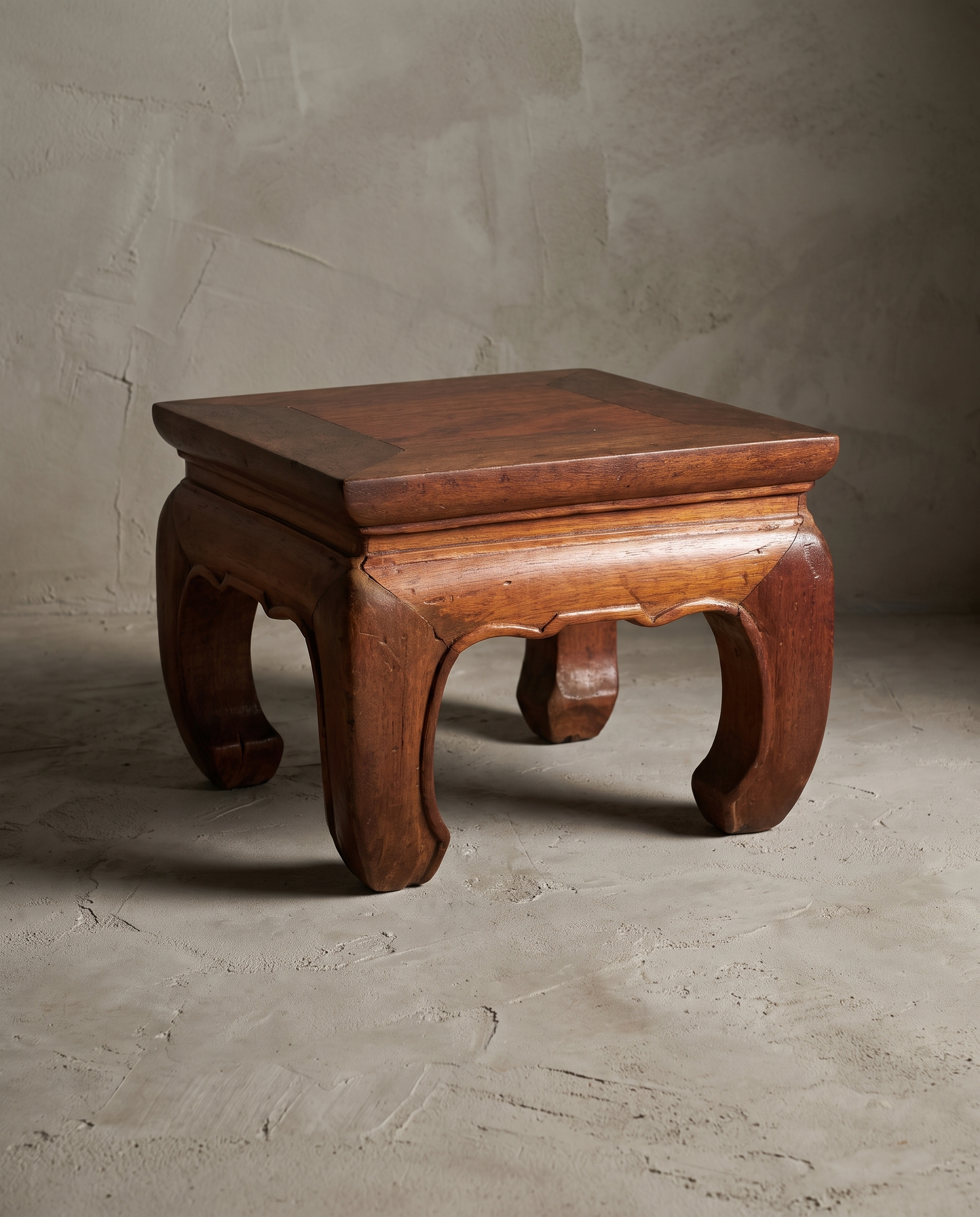 Small Kang Table, 45 degree three-quarter view showing full form and scrolled opium-leg construction