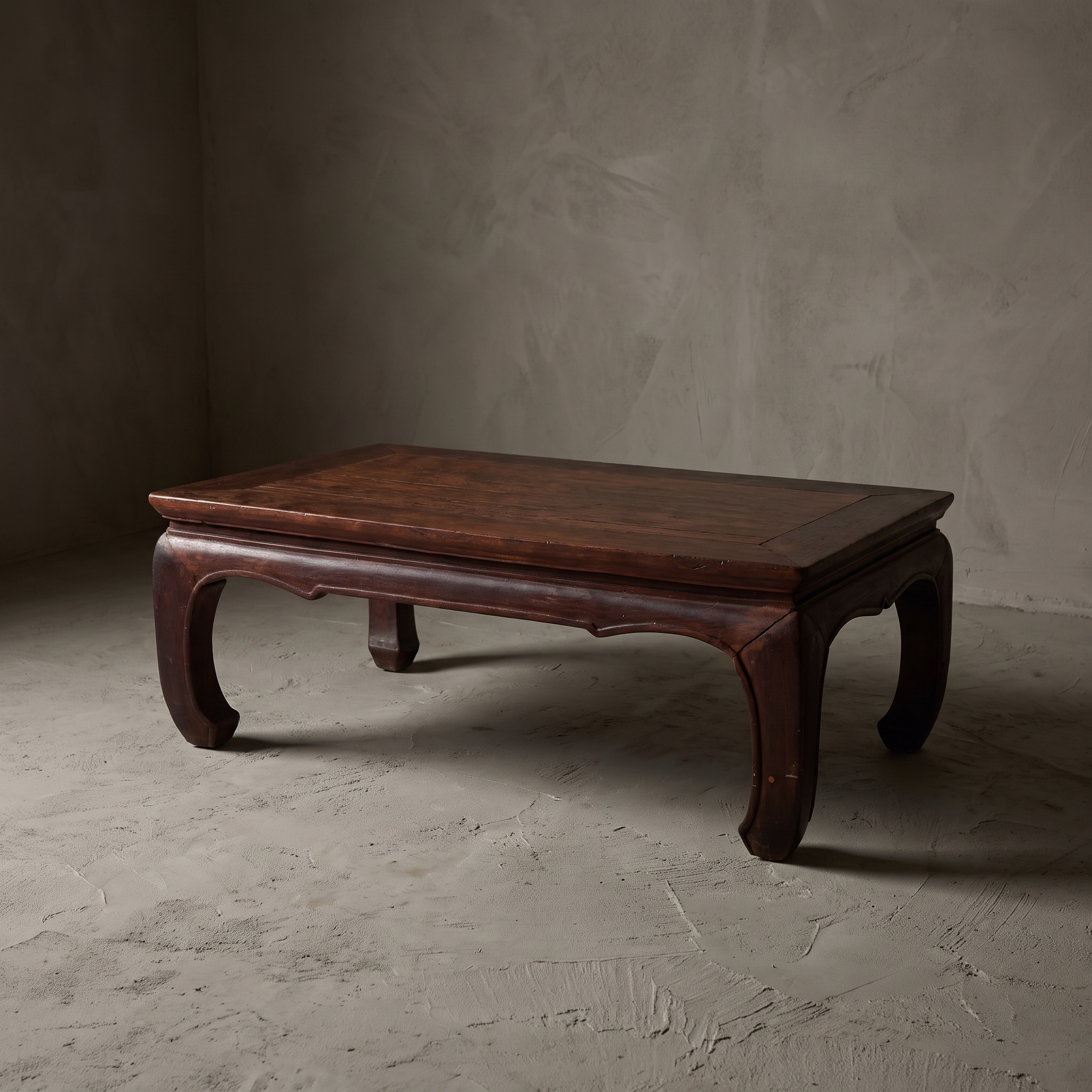 Large vintage elmwood kang table, three-quarter view showing full form