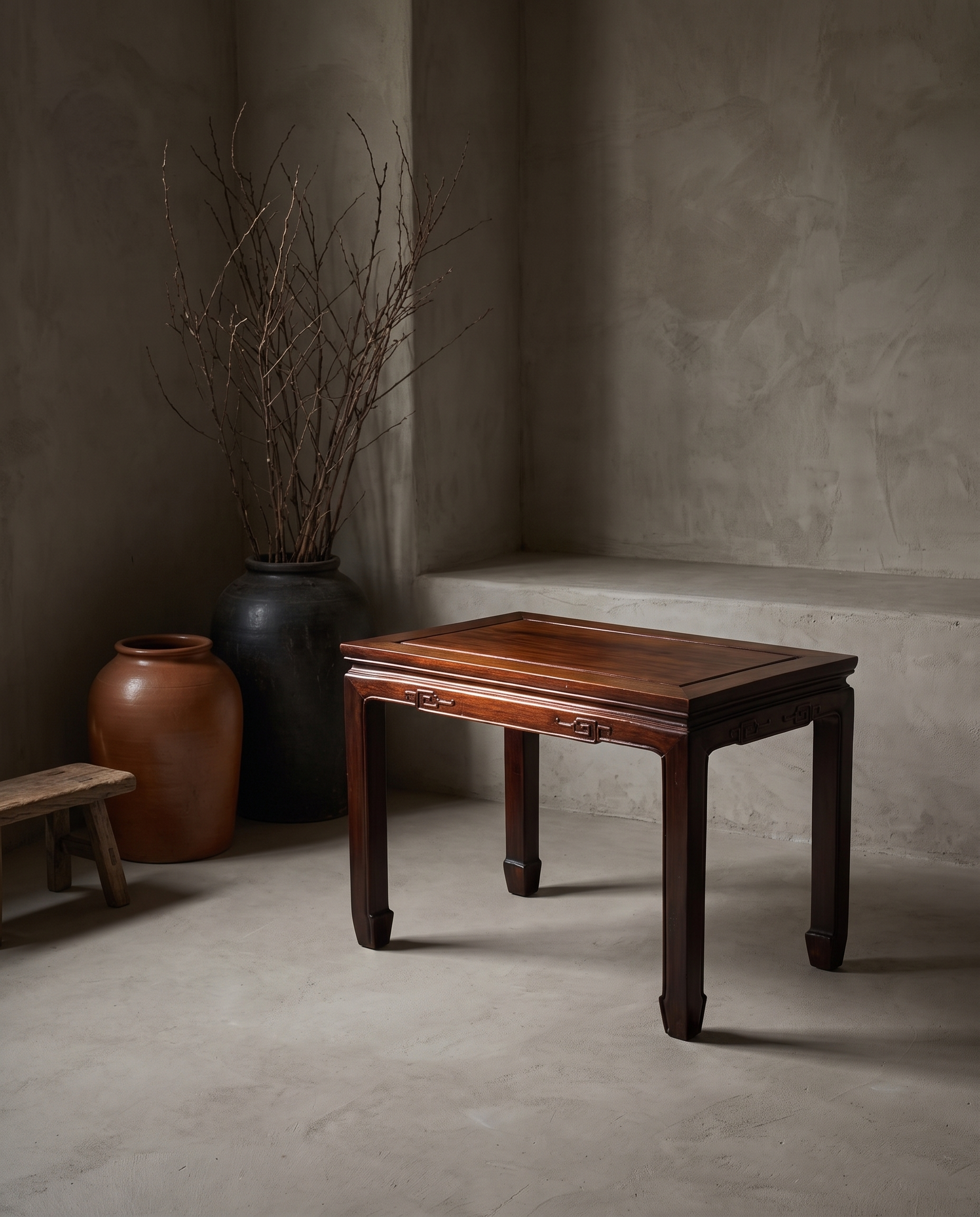 Antique Chinese key-fret side table styled in a quiet greige plaster room with stoneware vessels and dried branches