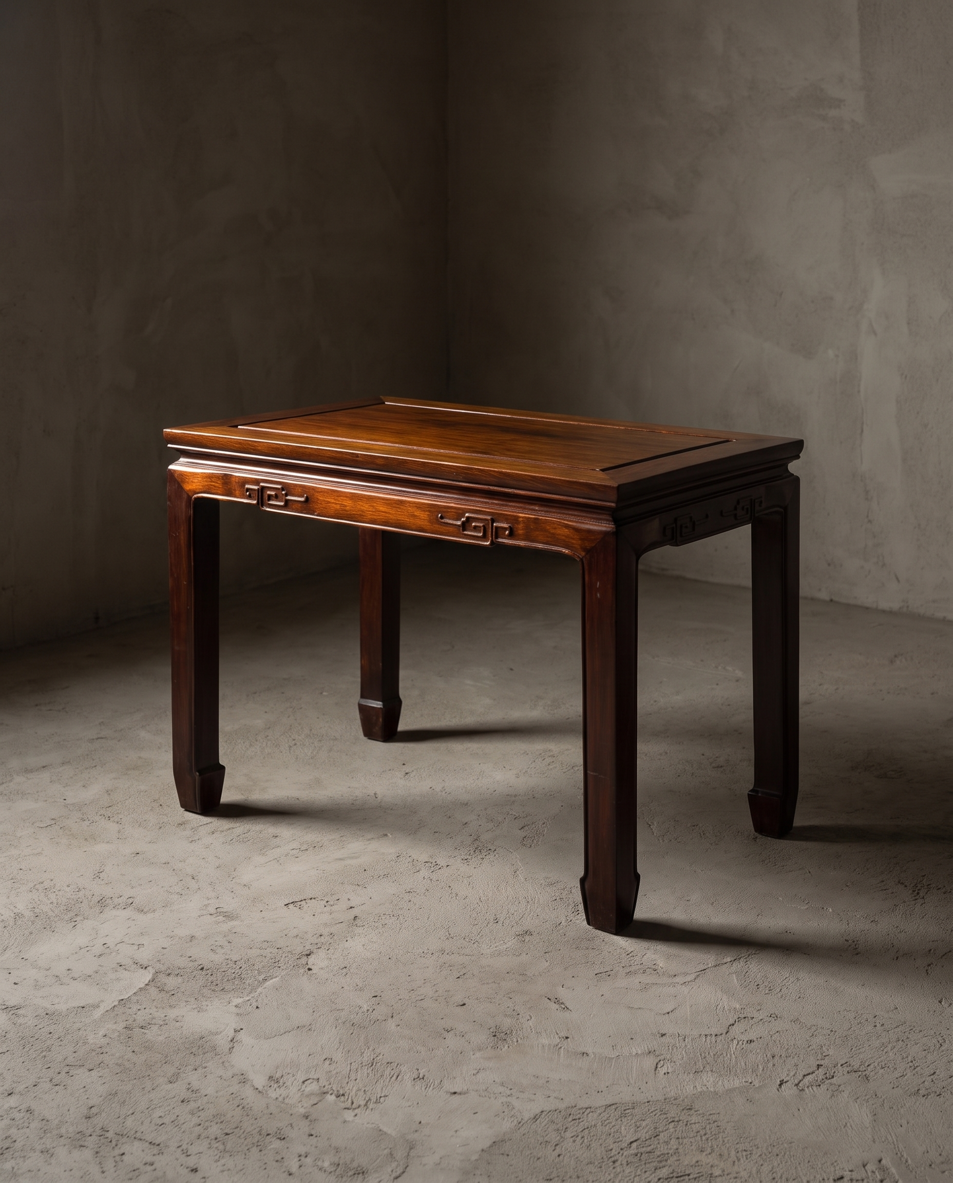 45 degree three-quarter view of the antique Chinese side table showing its full form and construction