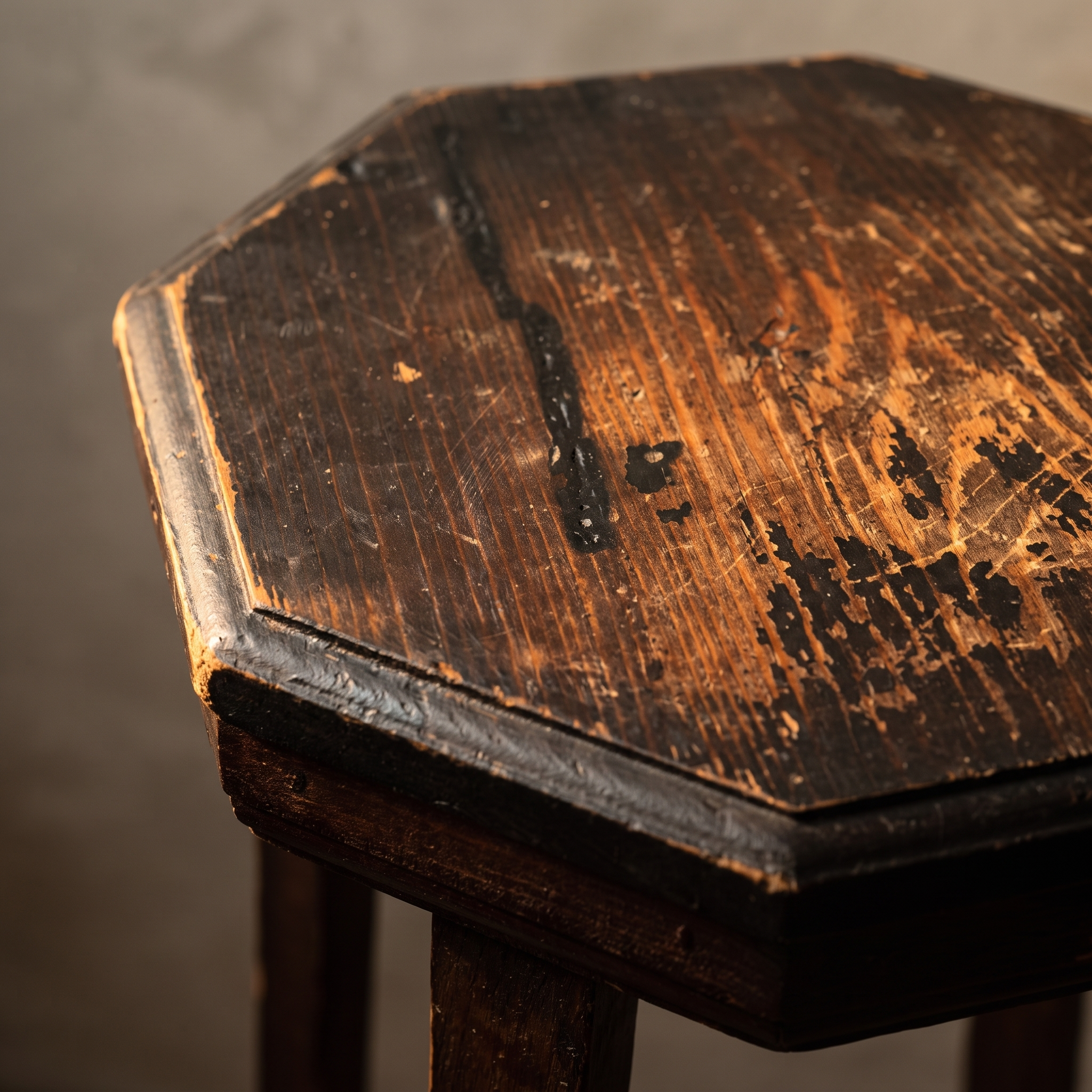 Close up detail of the worn painted top surface showing wood grain beneath the chipped paint
