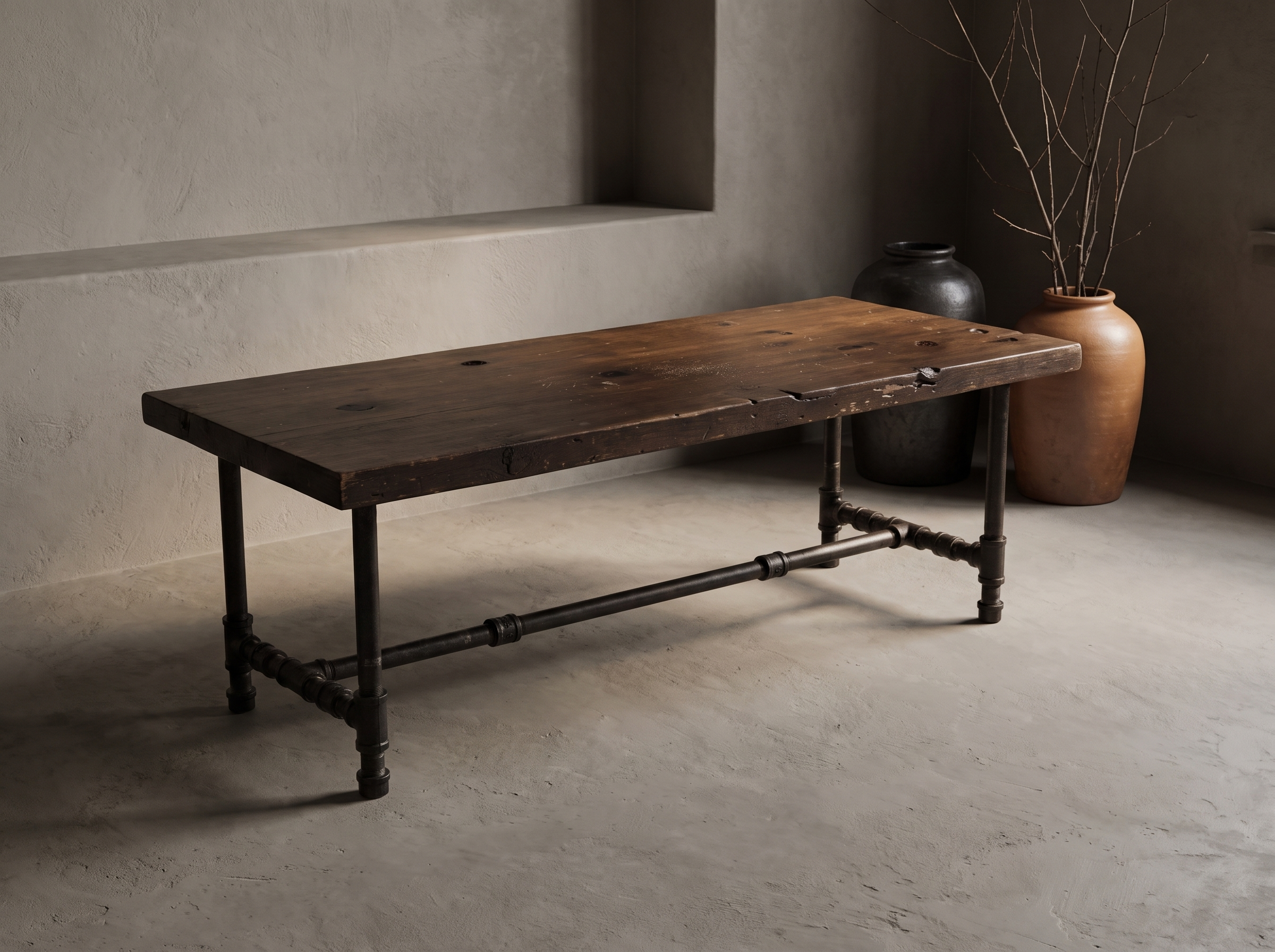 Rustic reclaimed wood coffee table with blackened iron pipe base, lifestyle view in a plaster room with stoneware vessels