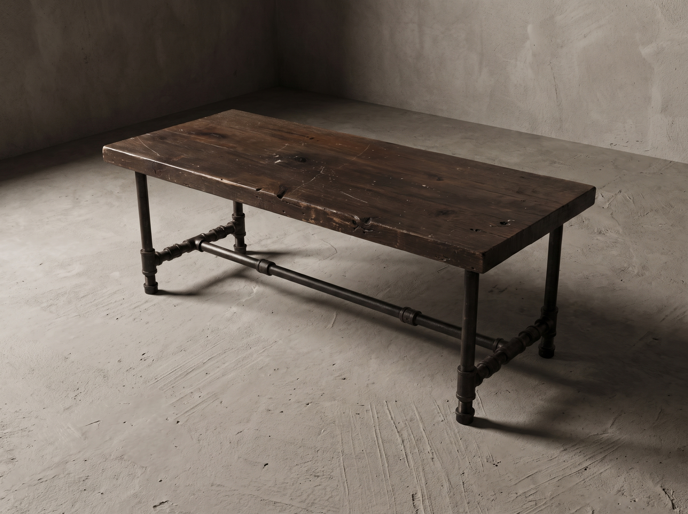 Rustic reclaimed wood coffee table, three-quarter view showing full form and iron pipe base construction
