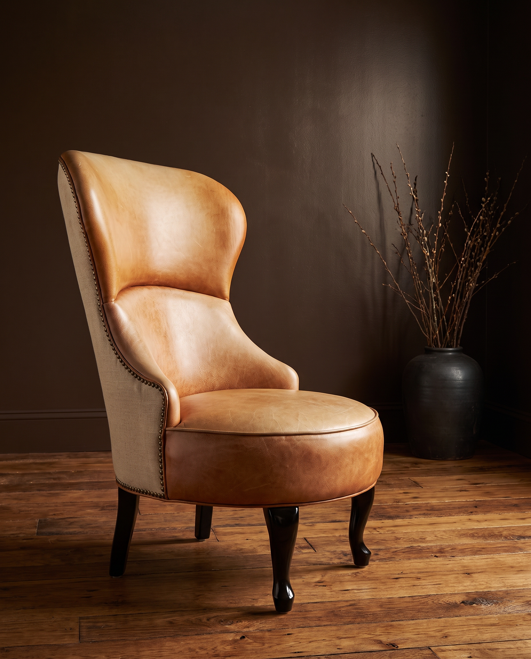 Cognac leather wingback slipper chair, three-quarter view showing full silhouette