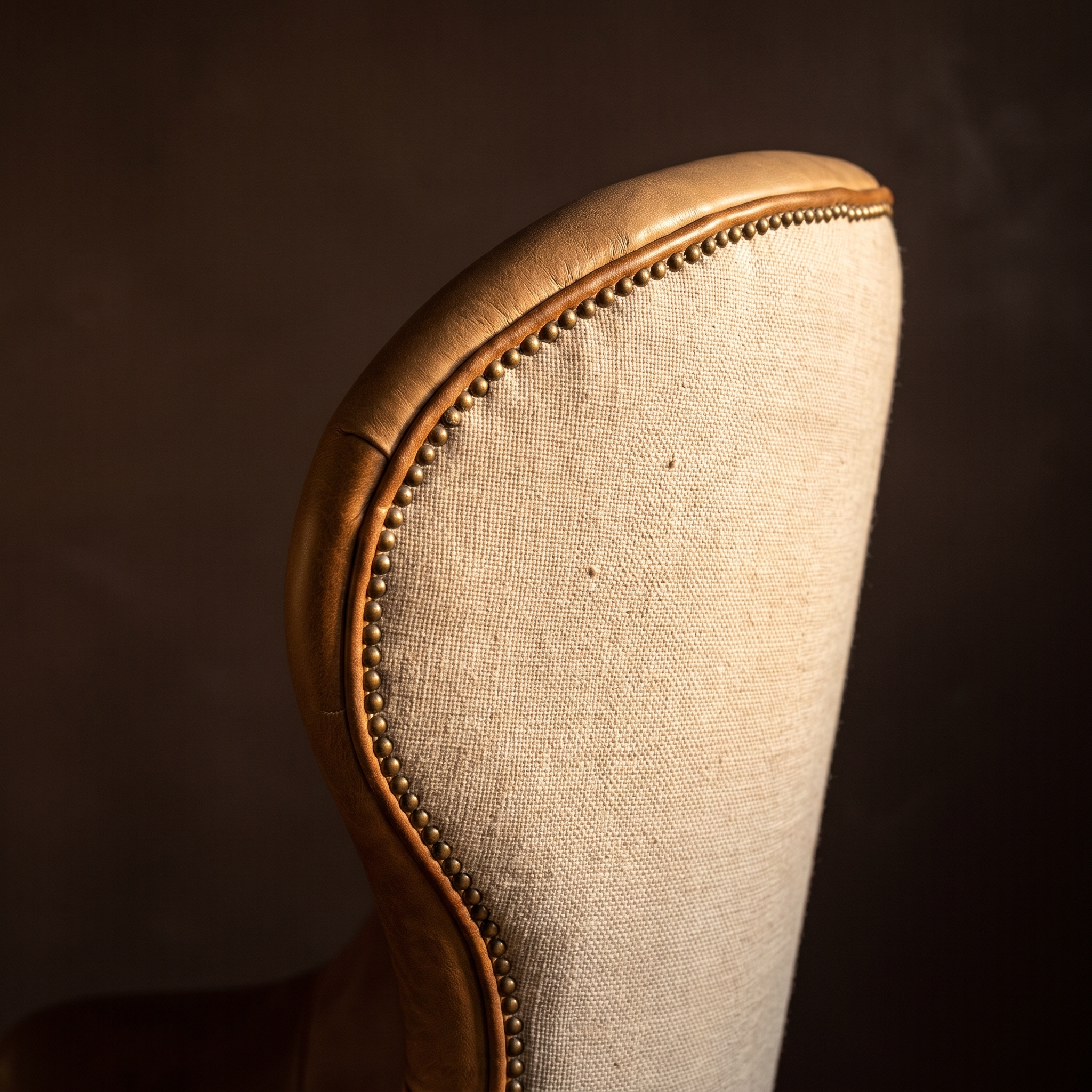 Detail of brass nailhead trim along the curve of the chair back