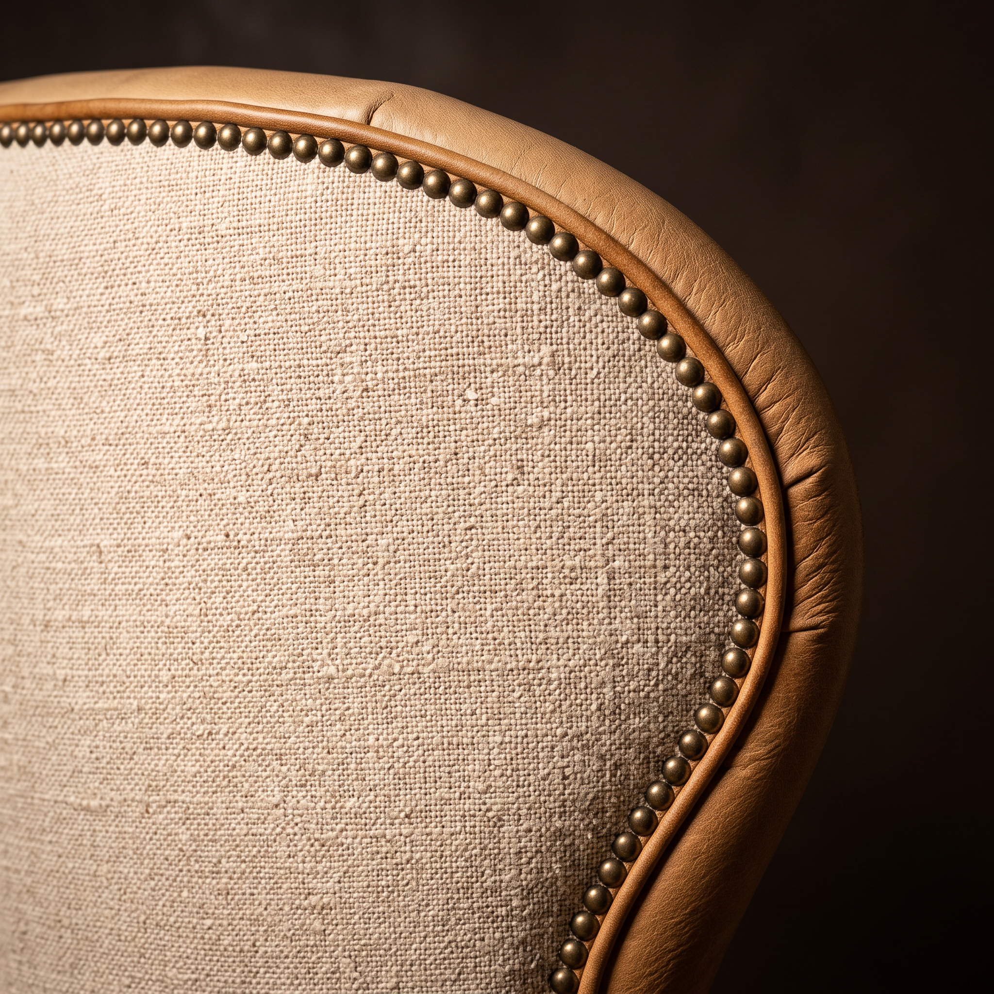 Detail of brass nailhead trim tracing the linen and leather seam on the chair back