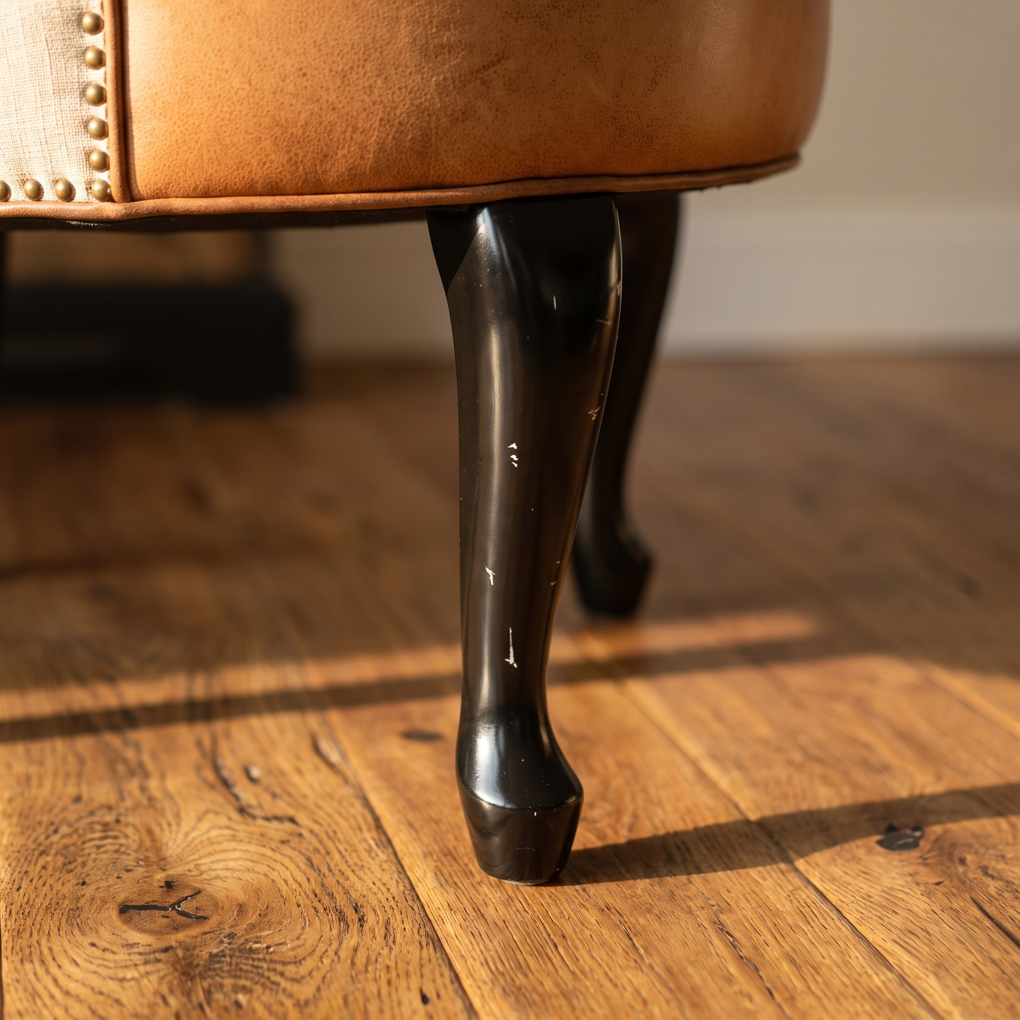 Detail of the glossy black cabriole front leg and pad foot