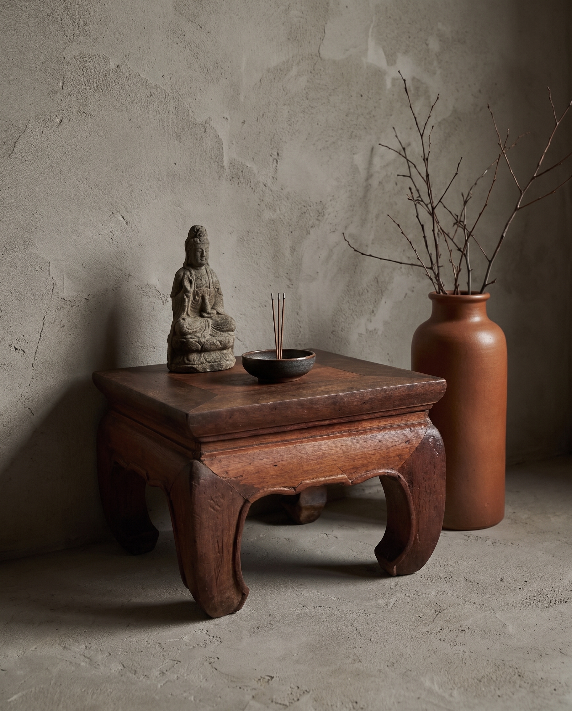 Small Kang Table styled as an altar table with a stone Guanyin figure and incense bowl