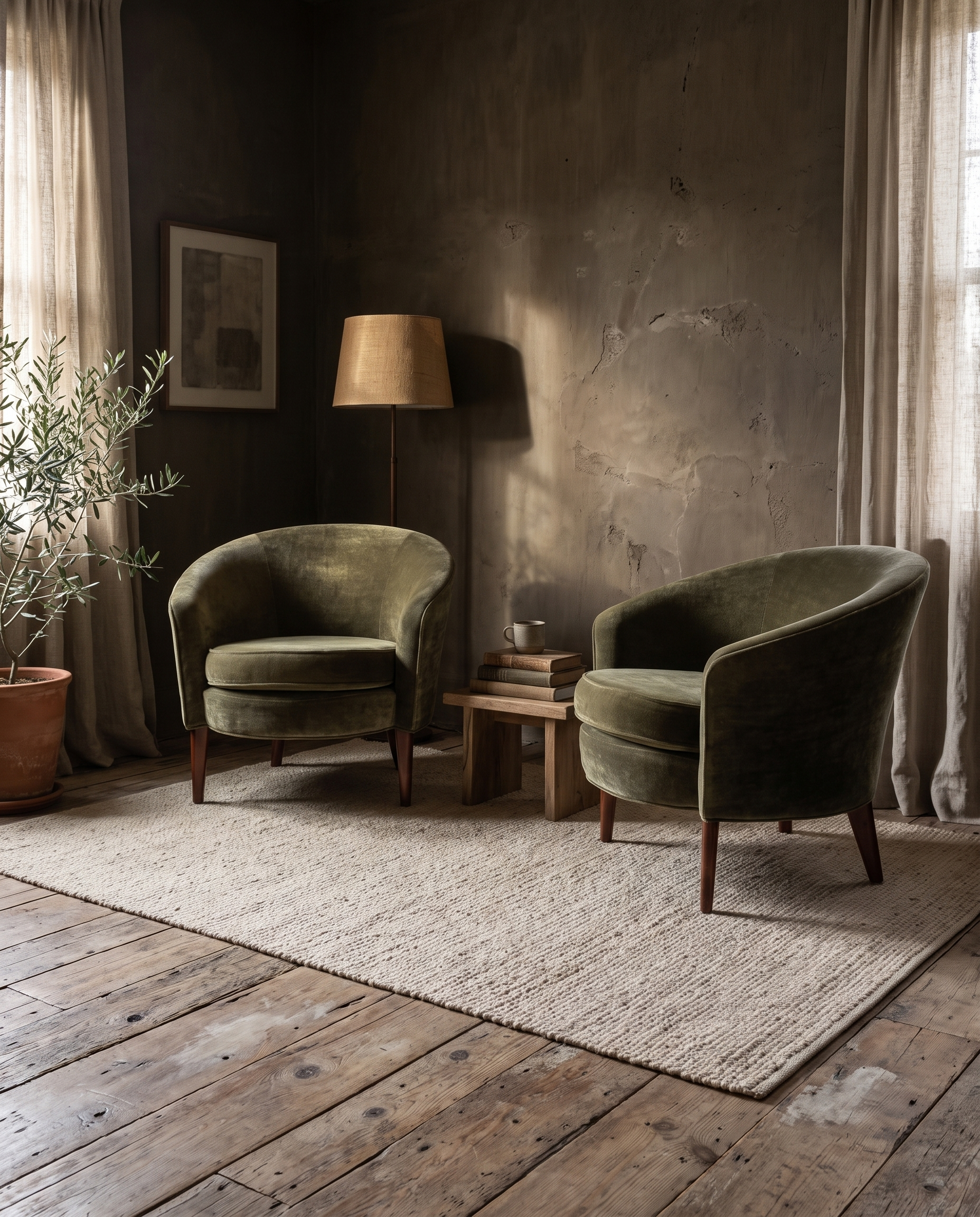 Vintage Dialogica moss green chenille velvet barrel chairs in an atmospheric Axel Vervoordt style living room with rough plaster walls and reclaimed wood floors