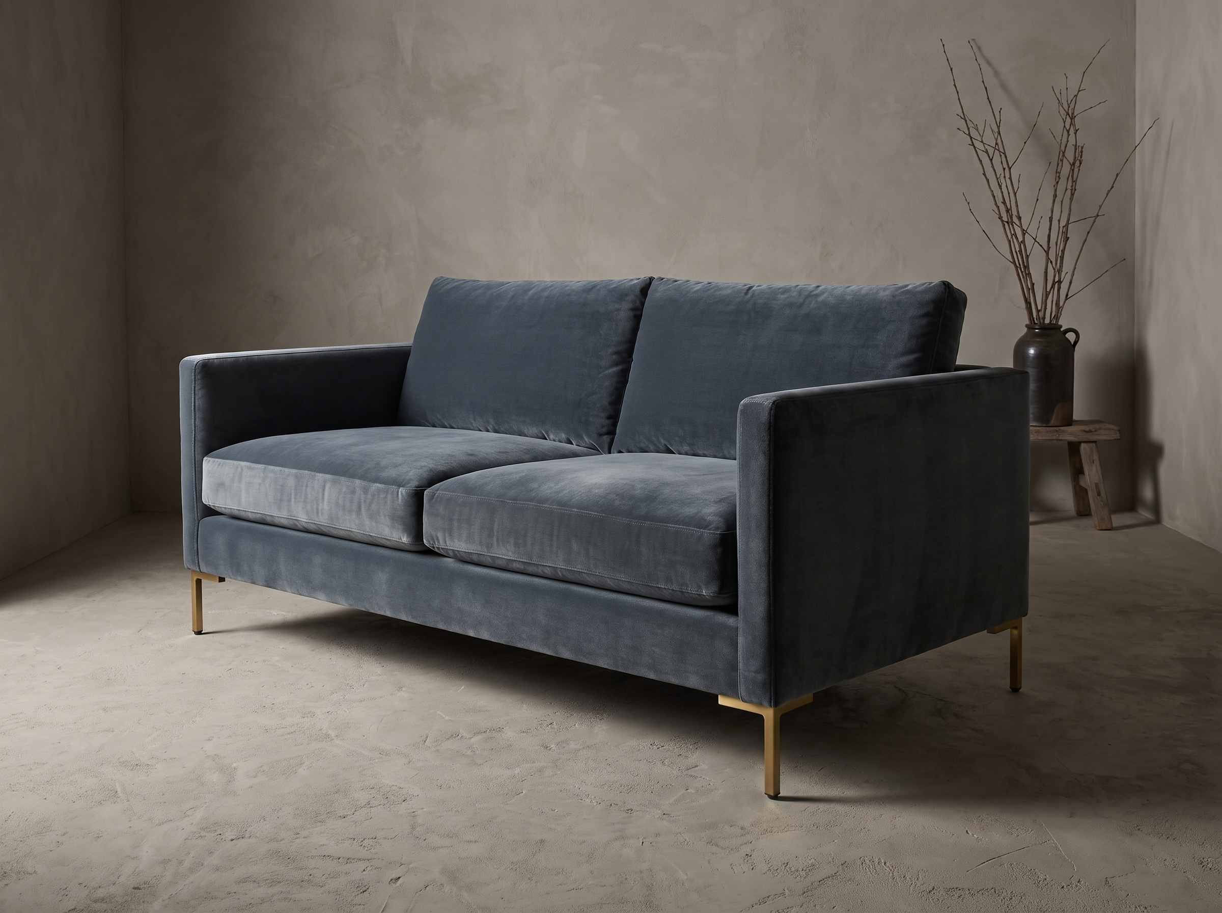Smoked slate velvet track-arm sofa, 45 degree three-quarter view