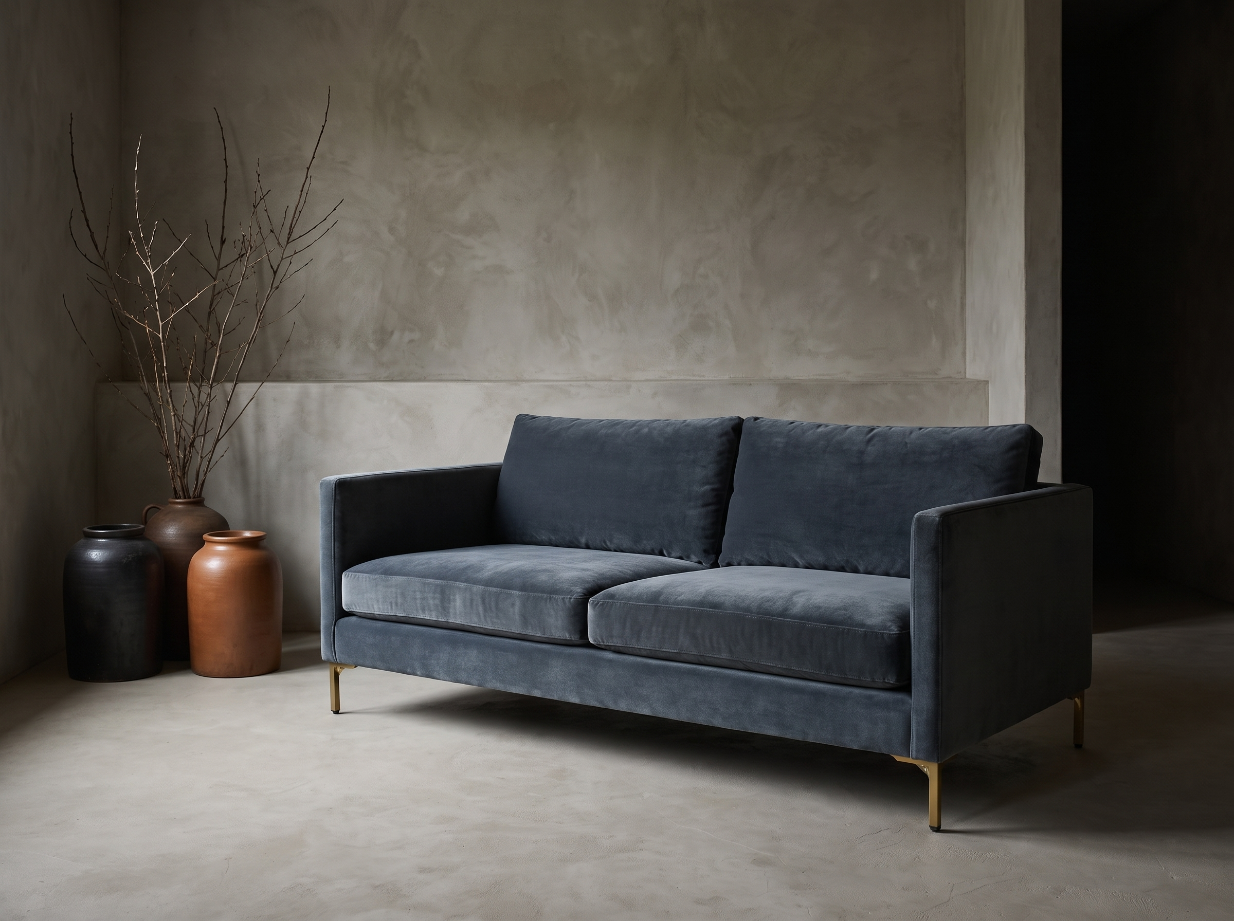 Smoked slate velvet track-arm sofa, lifestyle hero in a greige plaster room