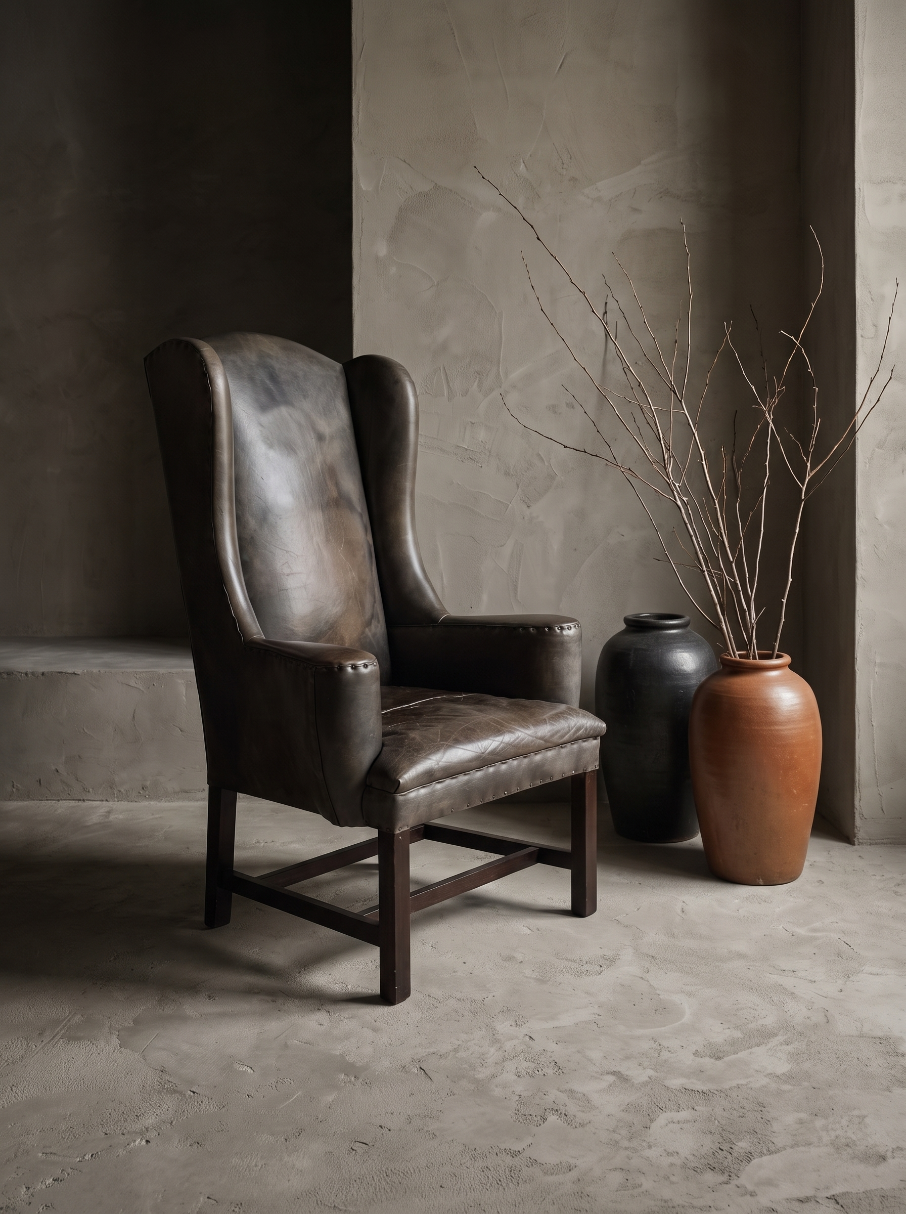 Brown leather RH wingback chair, three-quarter view, moodier light showing leather texture and scuffing