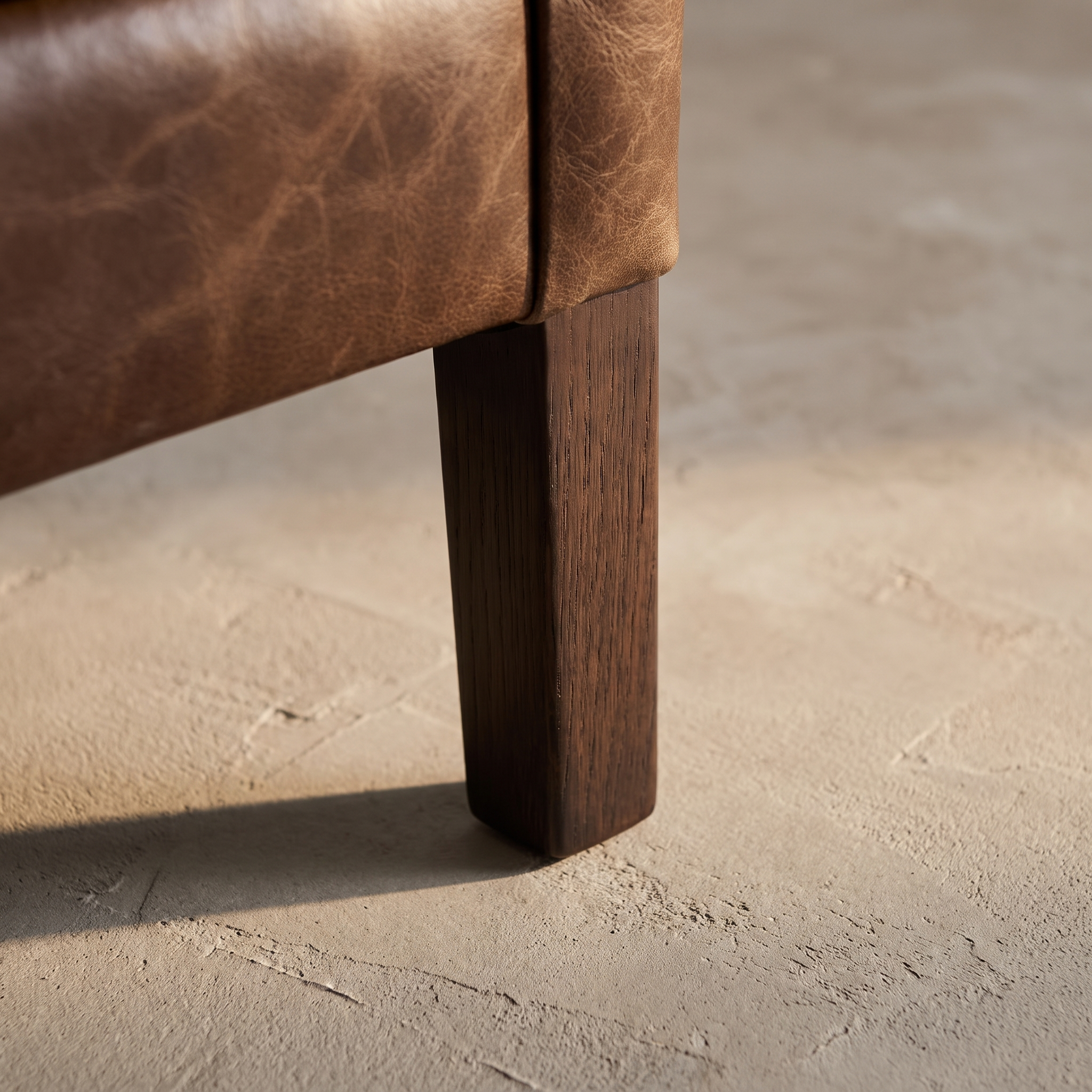 Macro detail of the tapered wood leg and base construction
