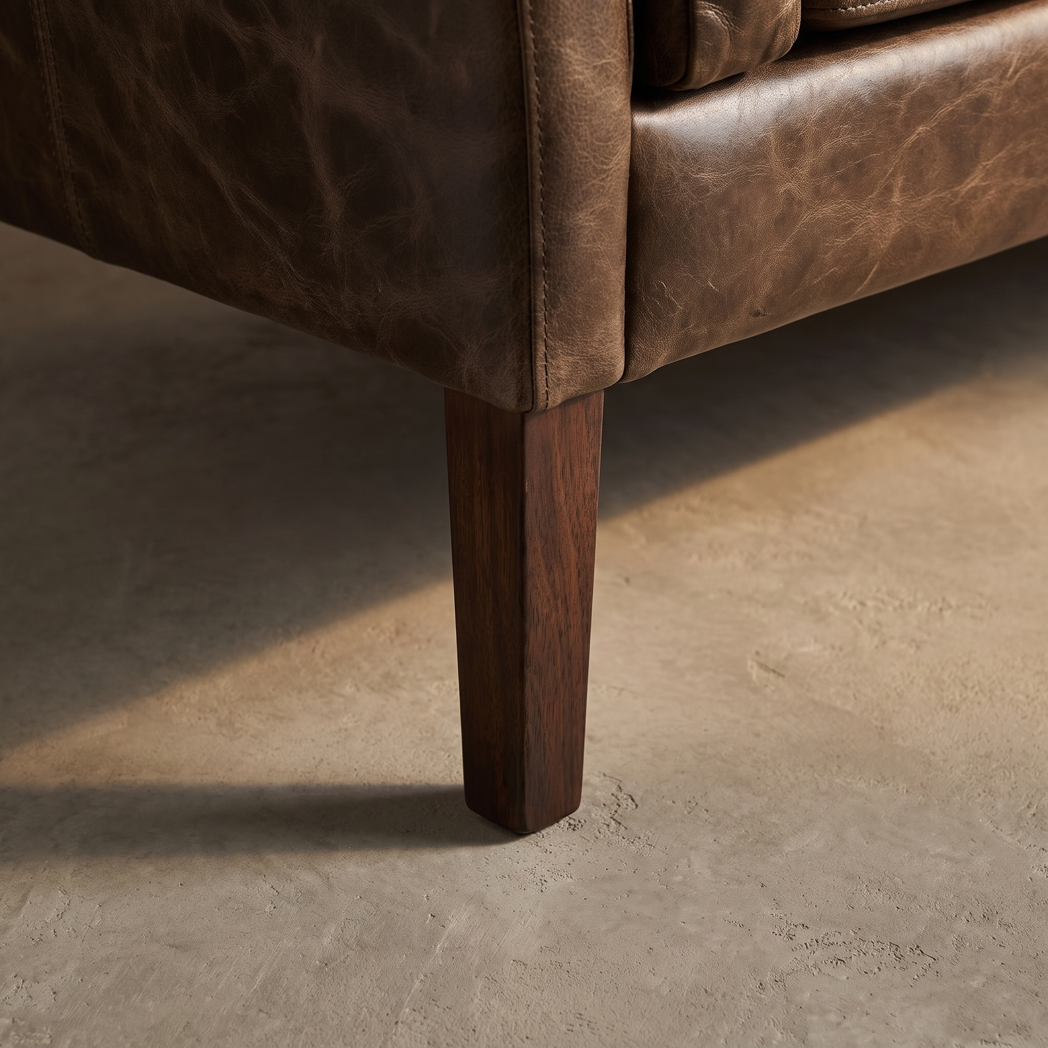 Second macro detail of the tapered wood leg and base construction