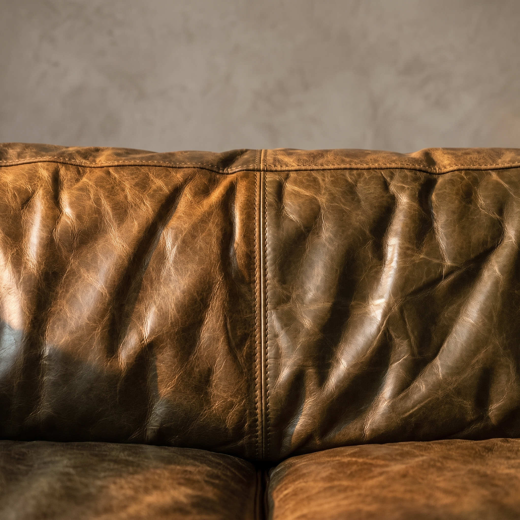 Macro detail of the cognac leather grain and center seam