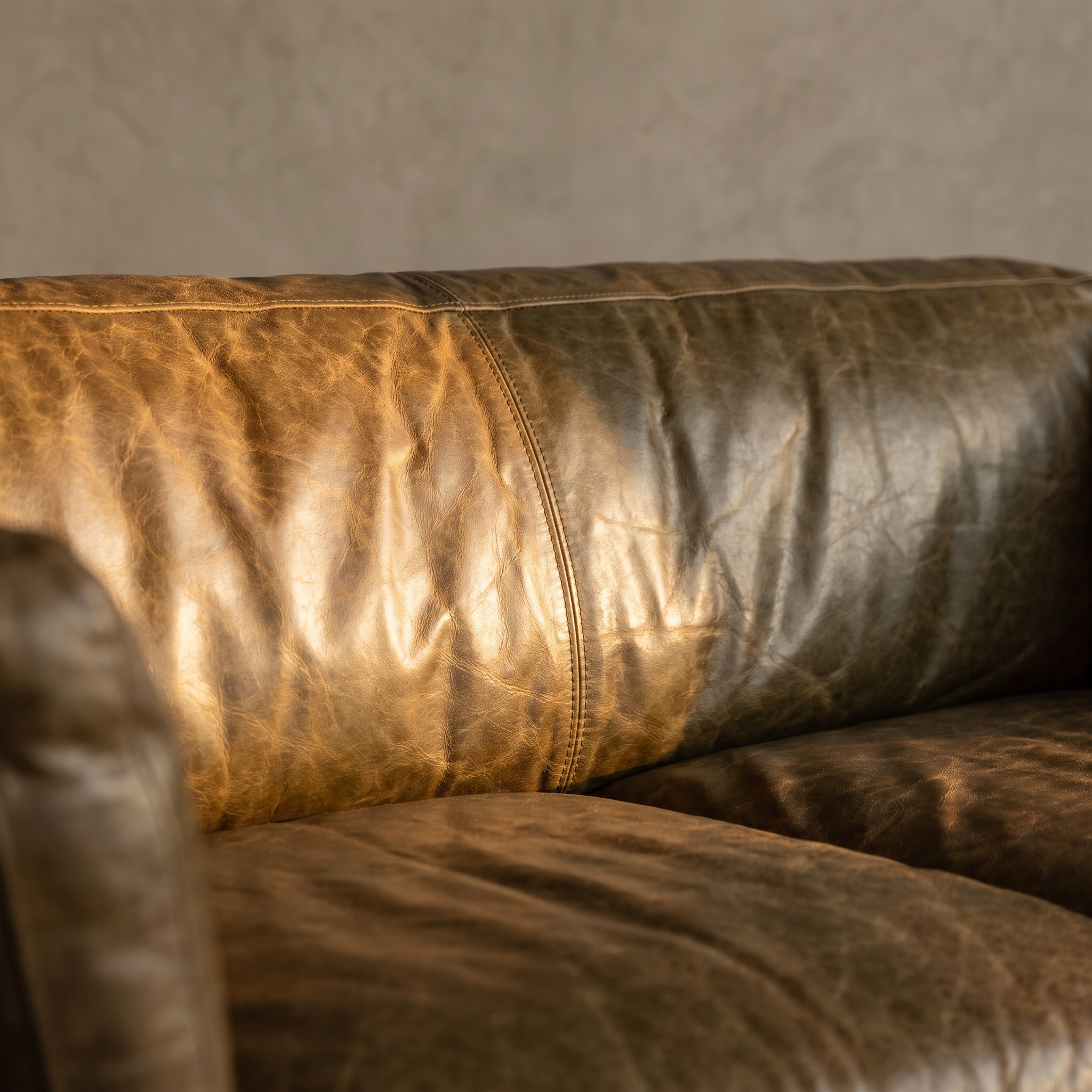 Second macro detail of the cognac leather grain and center seam