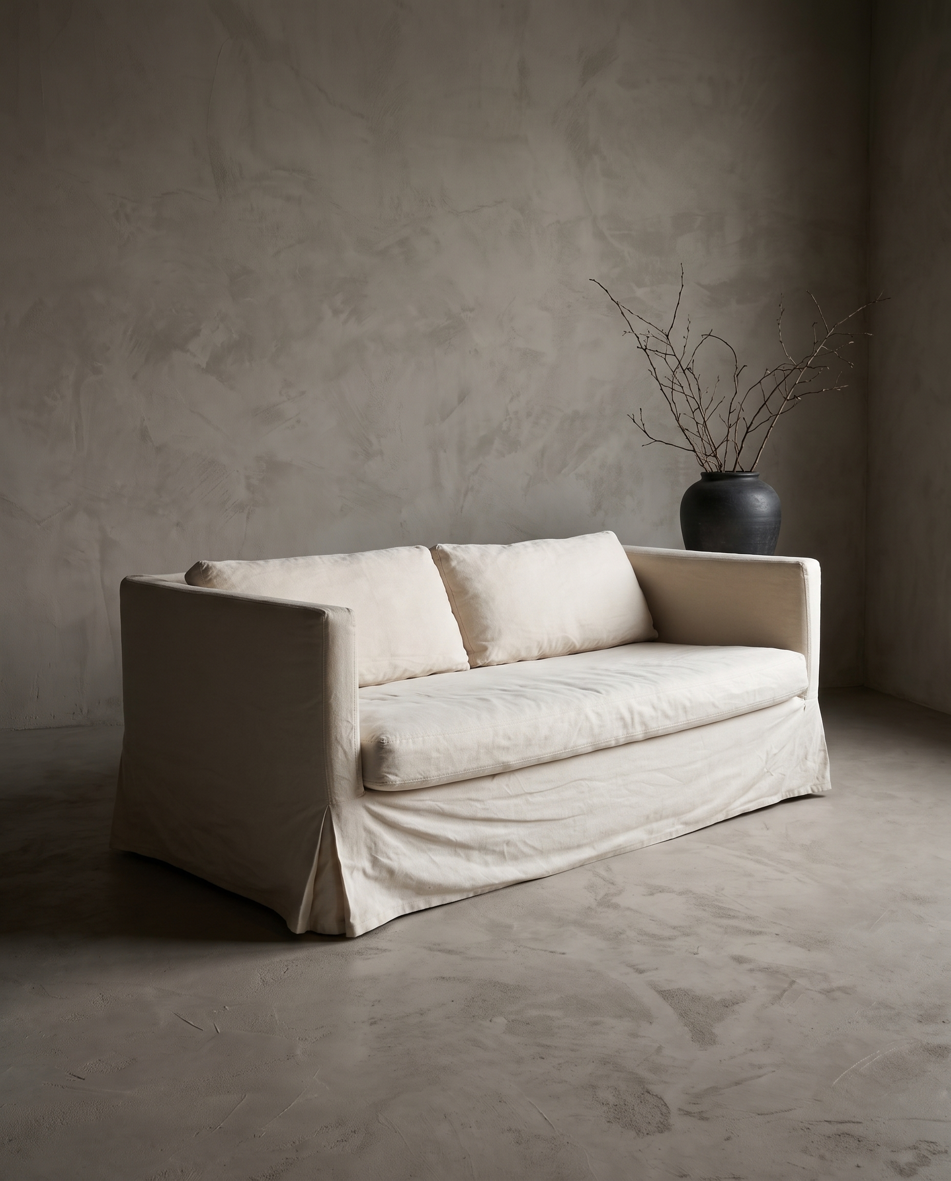 Three-quarter view of the linen track-arm sofa alone in a greige plaster room