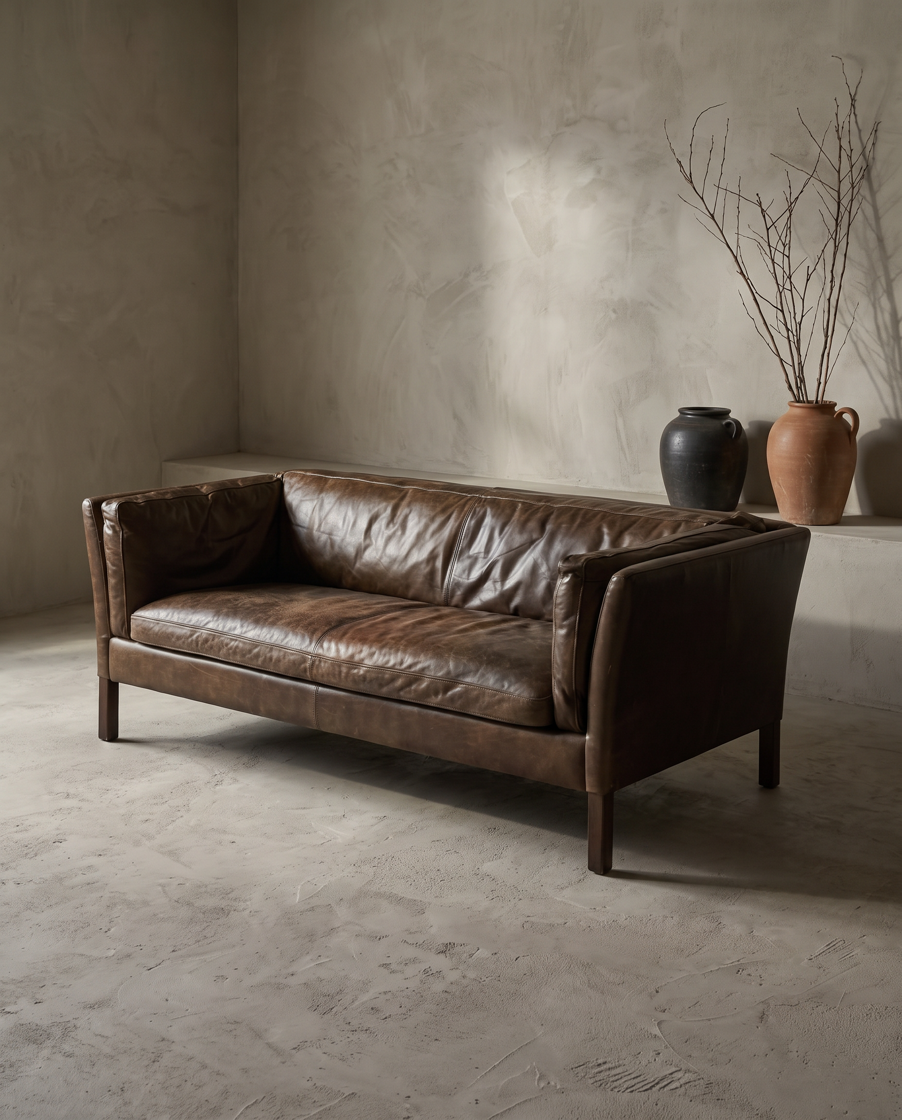 Cognac leather track-arm sofa, worn and lived-in patina, three-quarter lifestyle view in a greige plaster room with stoneware vessels