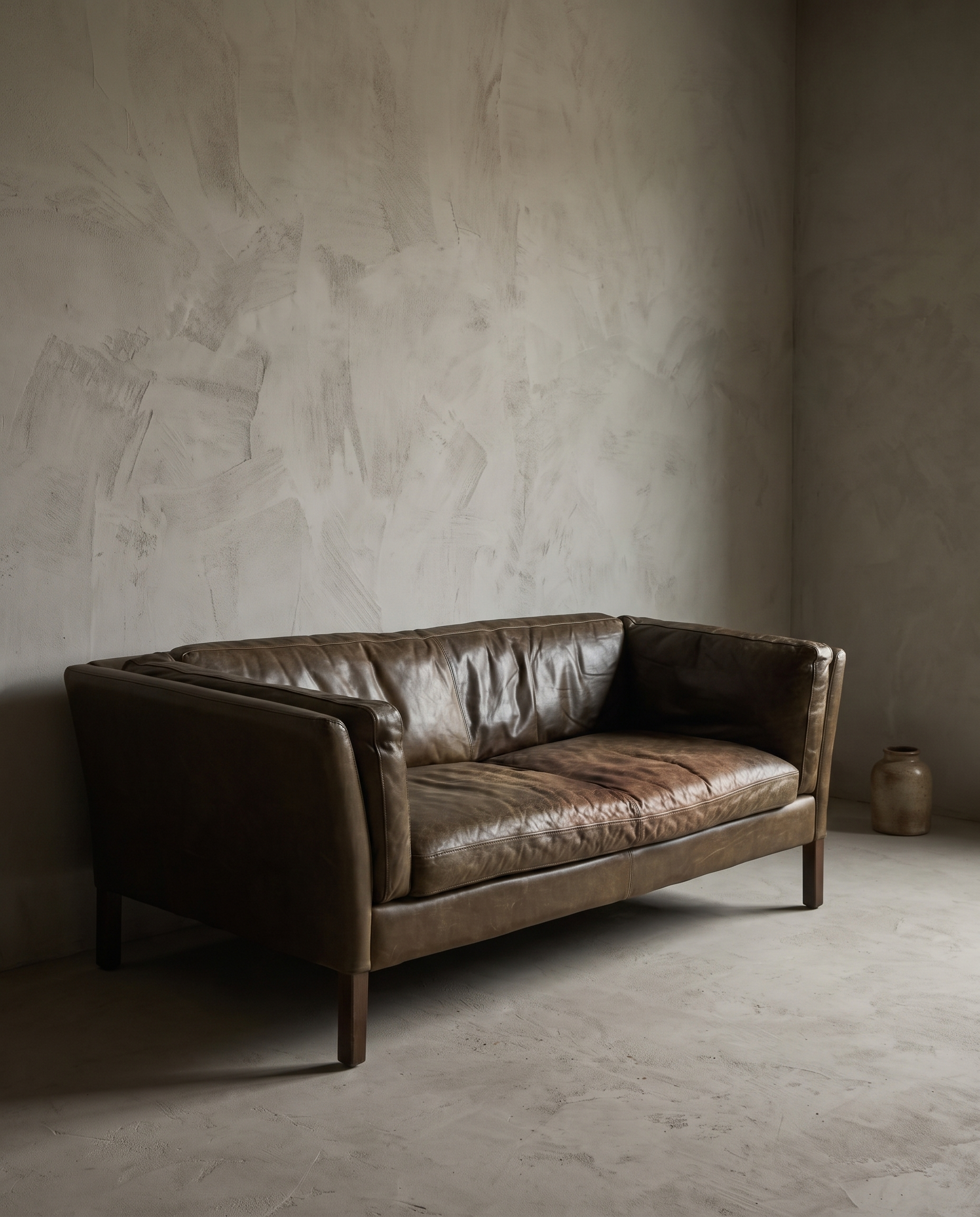 Cognac leather track-arm sofa, worn and lived-in patina, 45 degree three-quarter view showing form and construction