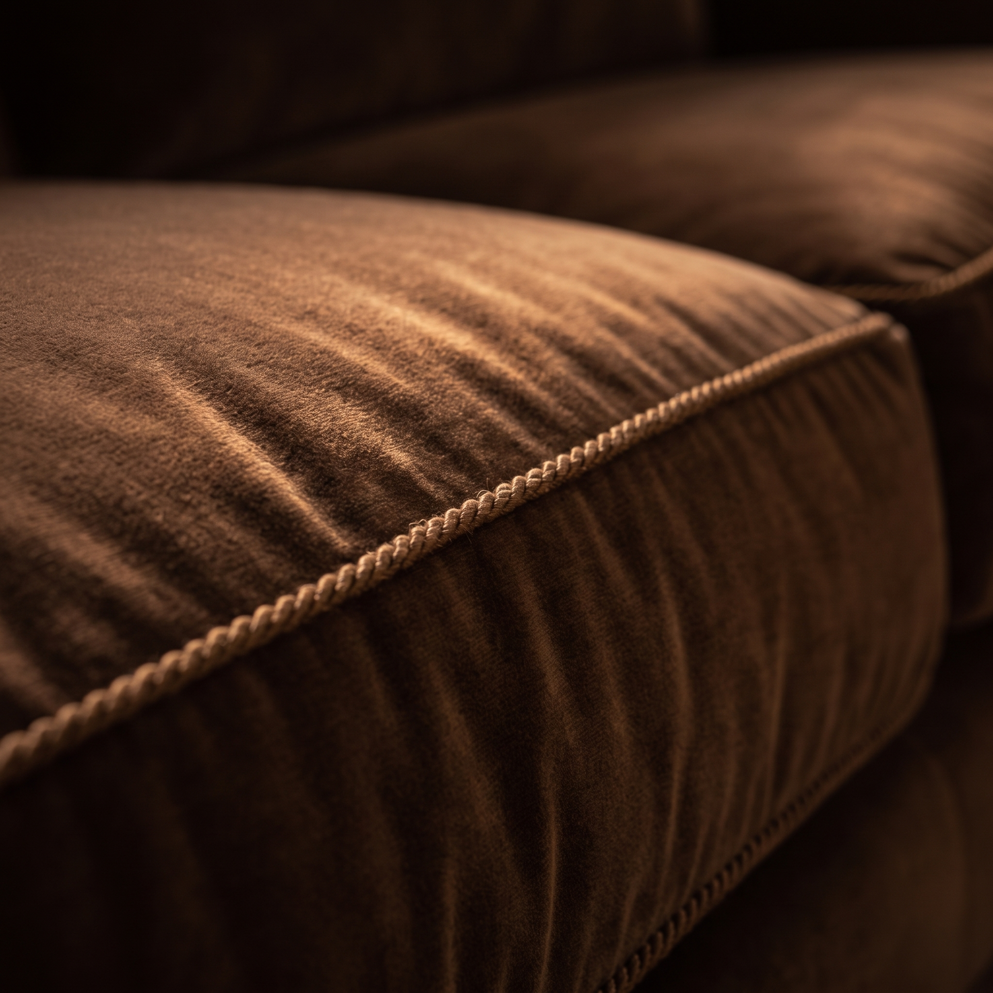 Macro detail of the velvet nap and twisted cord welt trim on the Taylor King sofa