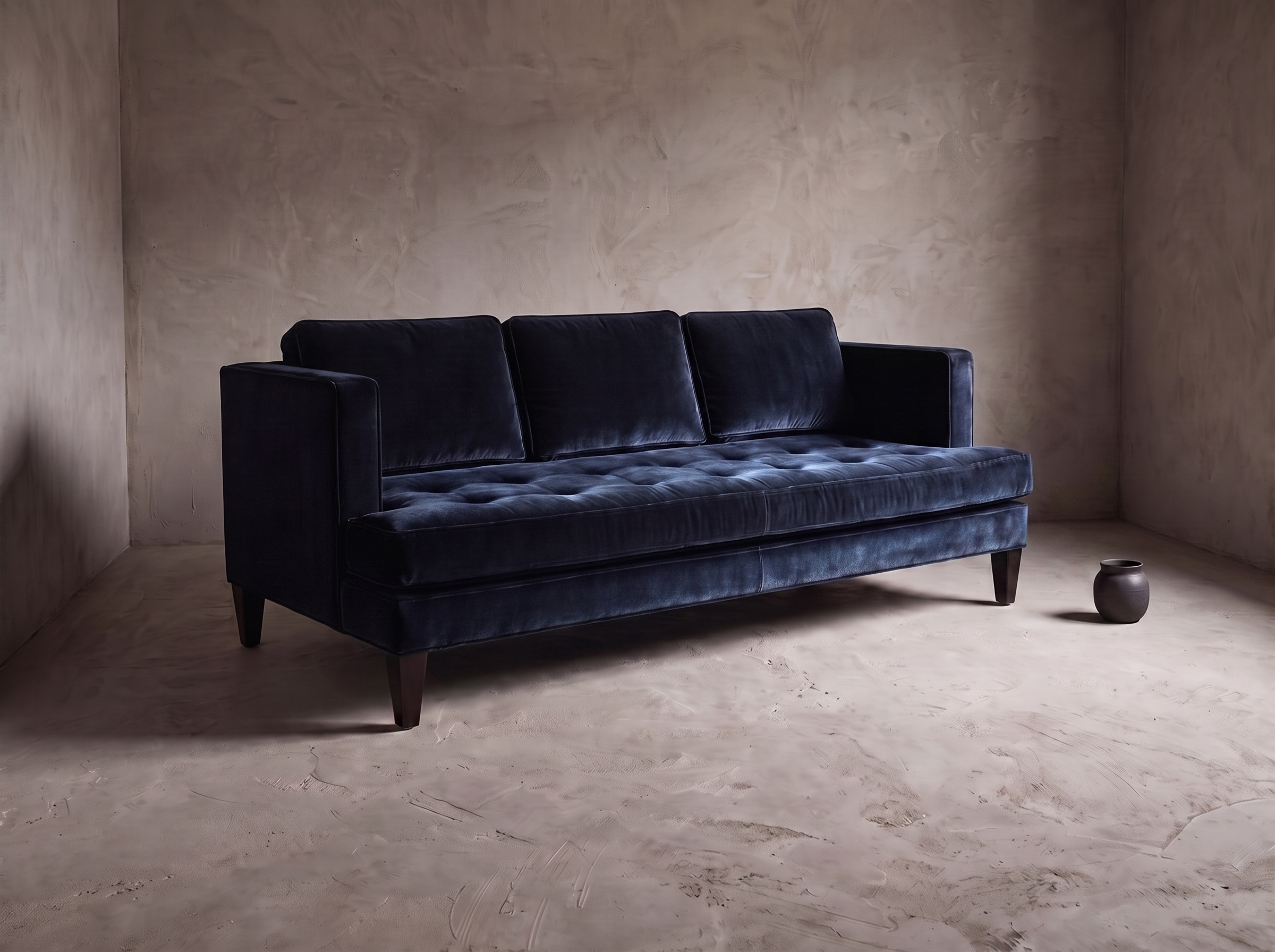 Shenandoah navy velvet sofa, three-quarter angle