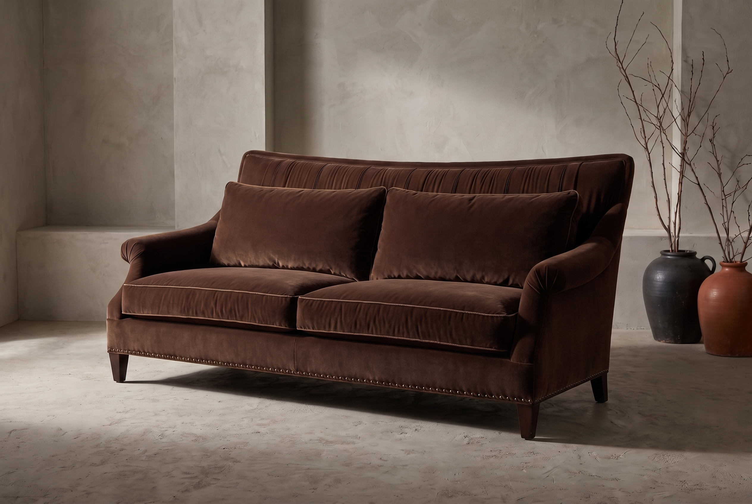 Taylor King espresso brown velvet English roll-arm sofa, lifestyle hero shot in a greige plaster room