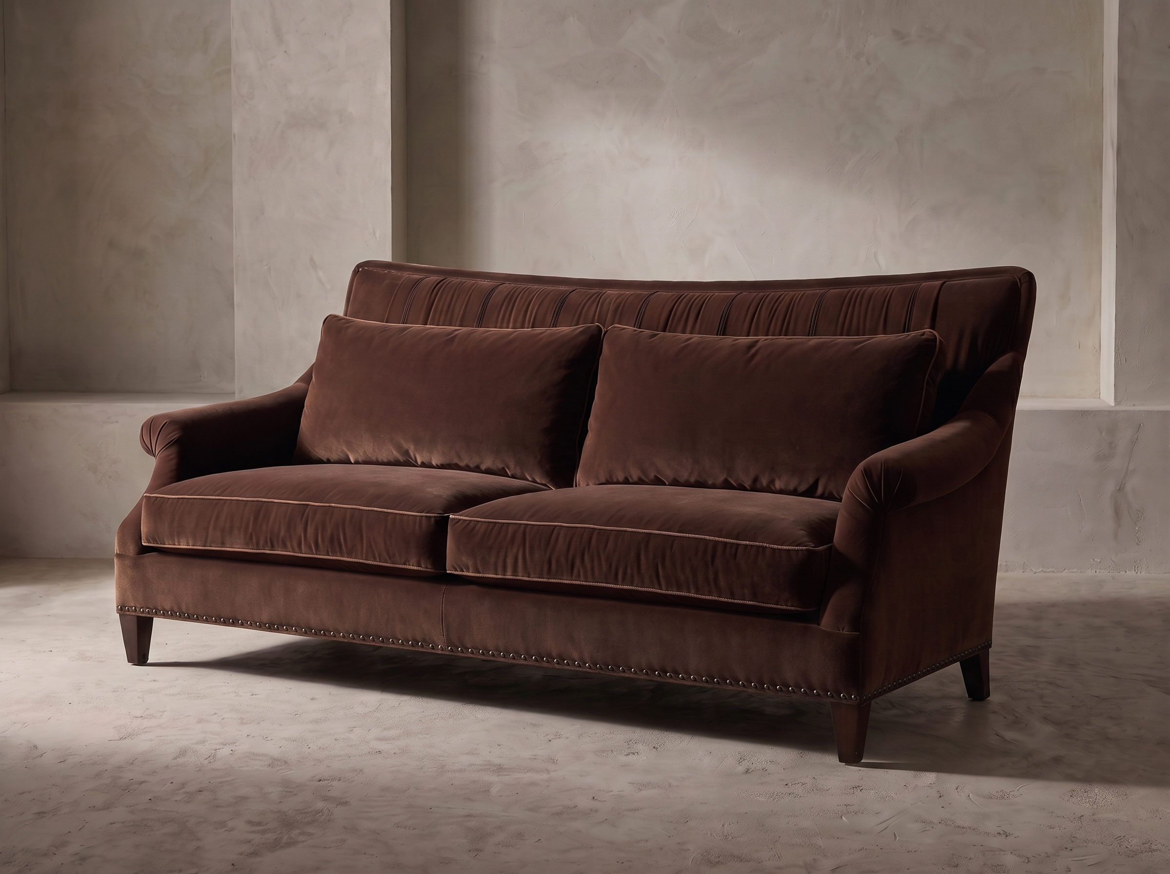 Taylor King espresso brown velvet sofa, close low-angle view showing full form and construction