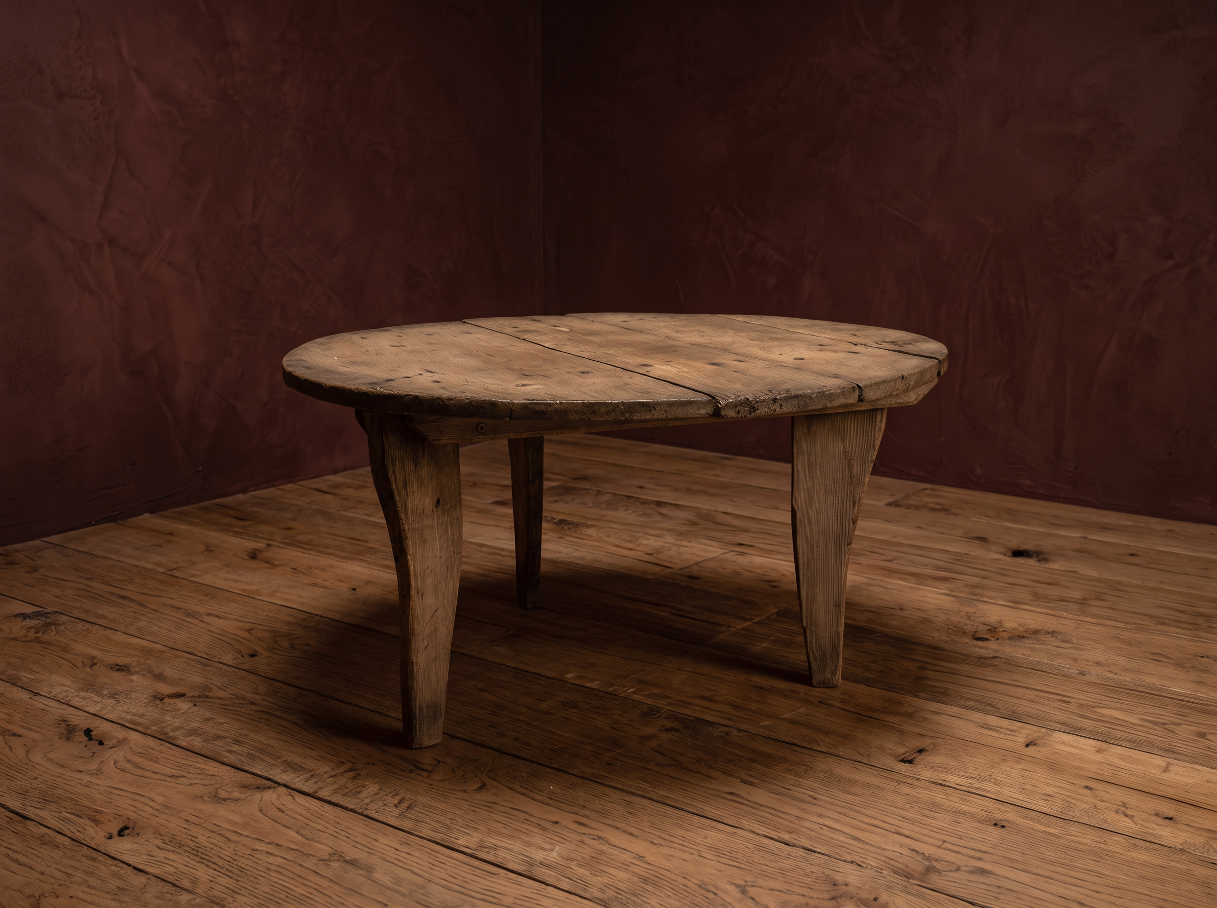 Antique round coffee table, darker, three-quarter view