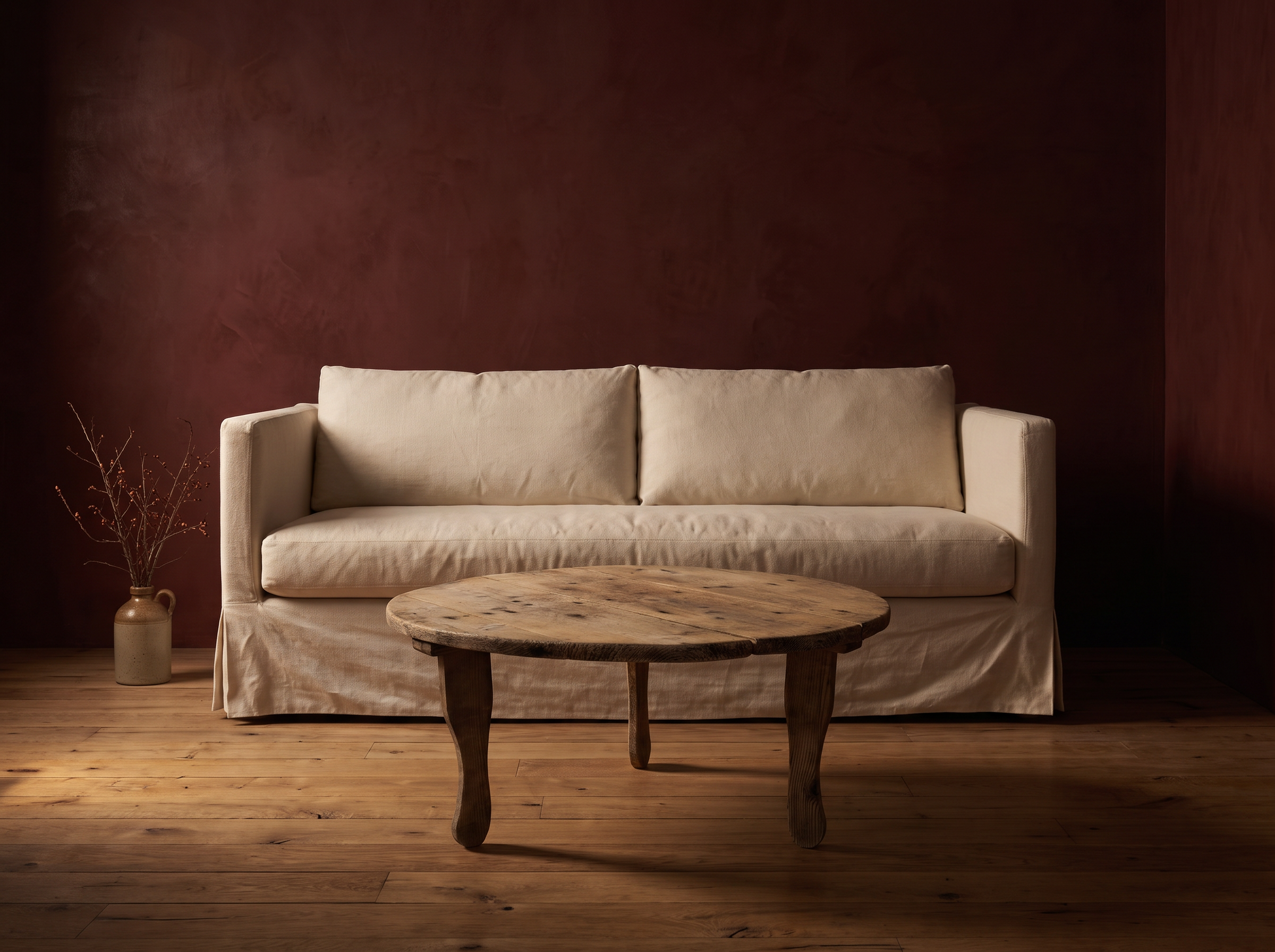 Antique round coffee table, lighter, paired with the RH linen sofa