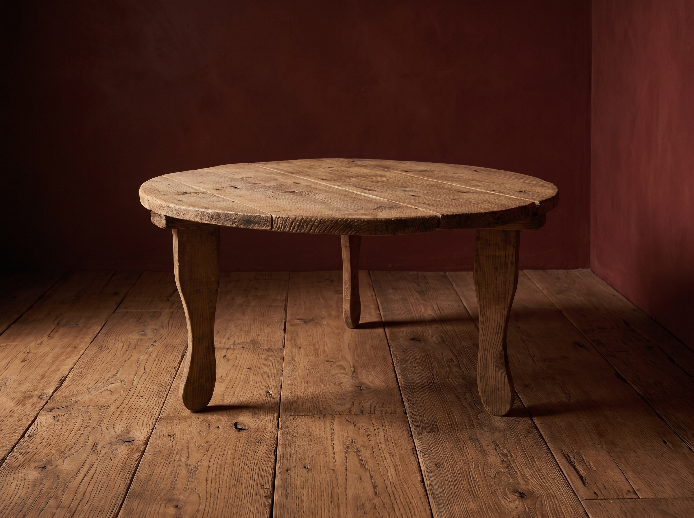 Antique round coffee table, lighter, three-quarter view