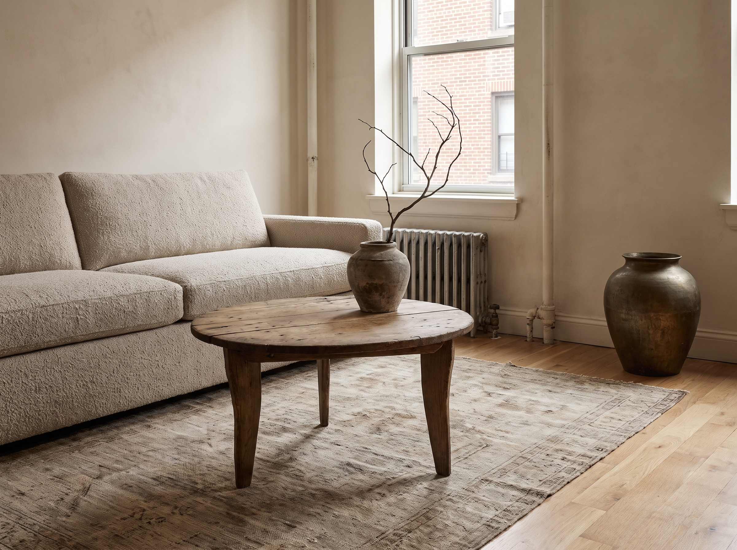 Antique round coffee table, darker, lifestyle hero in a small NYC apartment