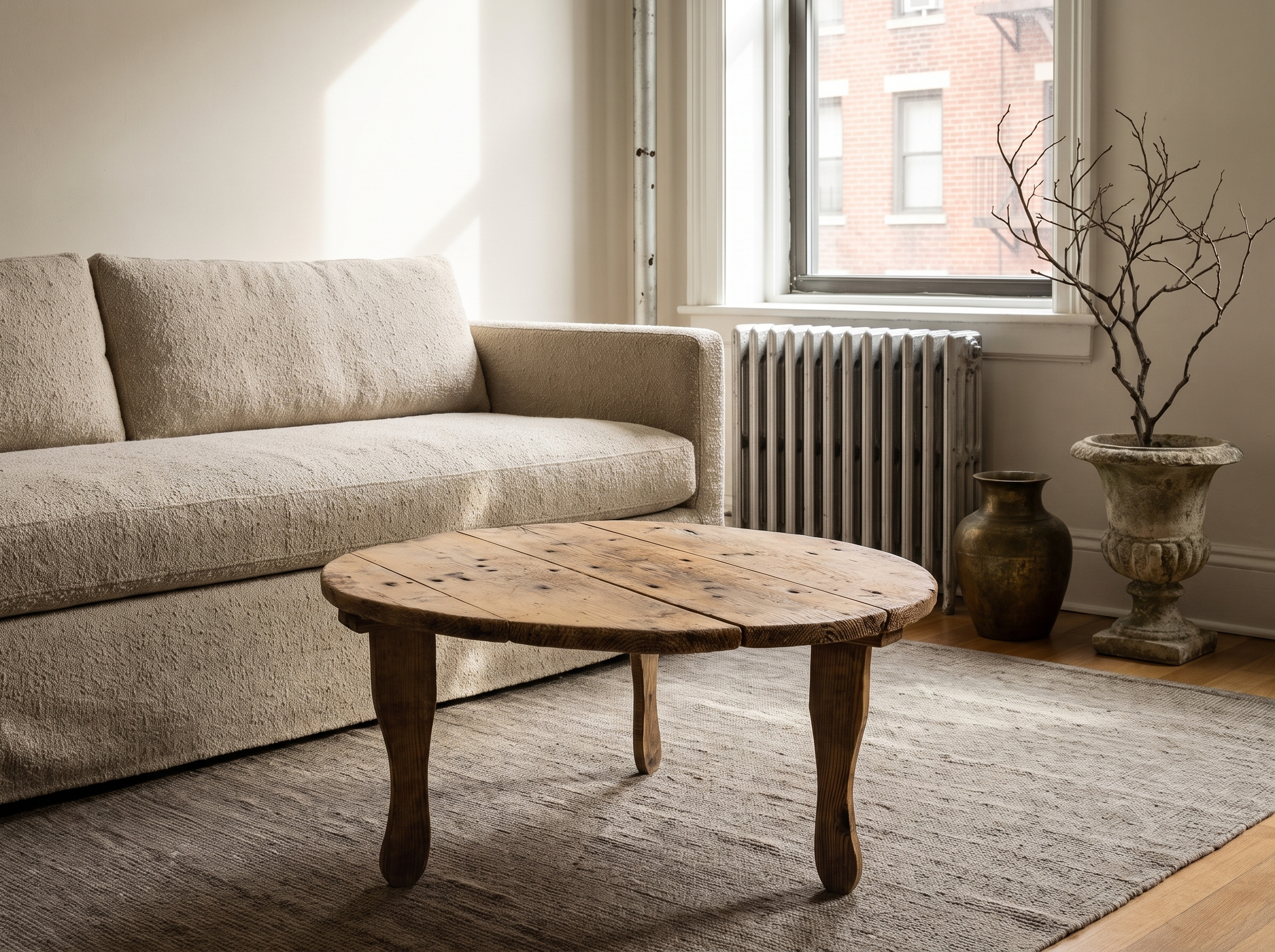 Antique round coffee table, lighter, lifestyle hero in a small NYC apartment
