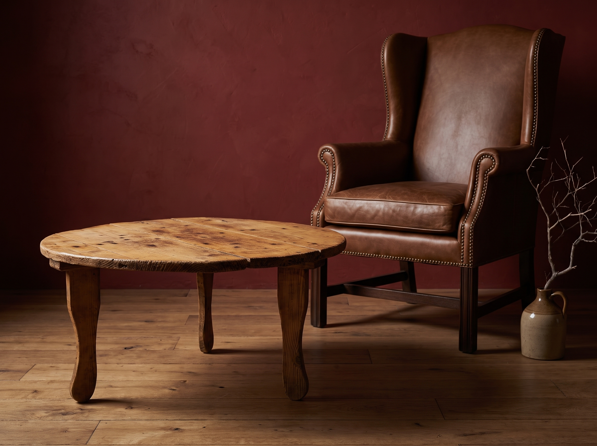 Antique round coffee table, lighter, as a side table beside the leather wingback chair
