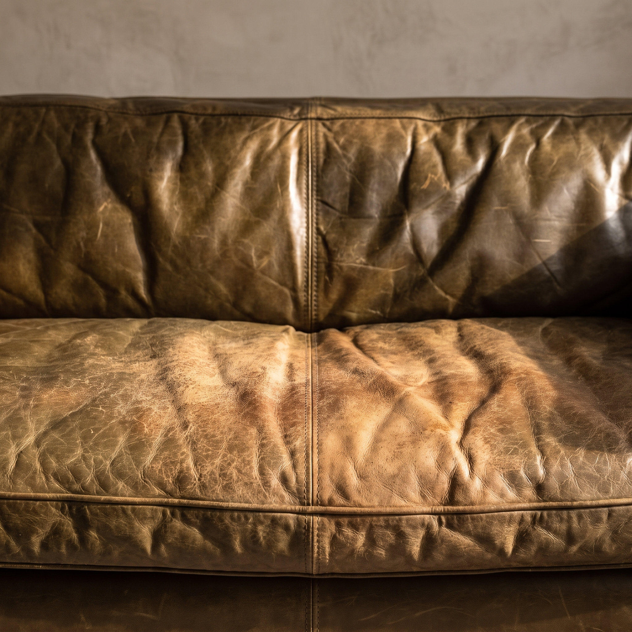Macro detail of the cognac leather grain, creasing, and worn seat patina