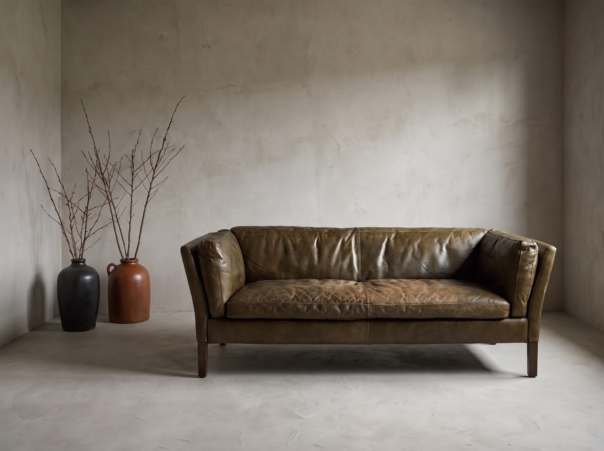 Cognac leather Groucho two-seater sofa, real worn patina with heavy creasing and a slouched seat, three-quarter lifestyle view in a greige plaster room with stoneware vessels