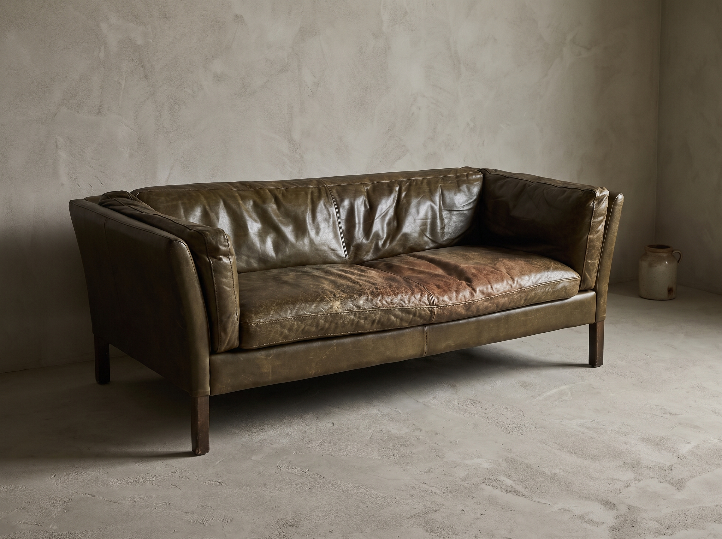 Cognac leather Groucho two-seater sofa, 45 degree three-quarter view showing the low tuxedo form and leather-wrapped legs