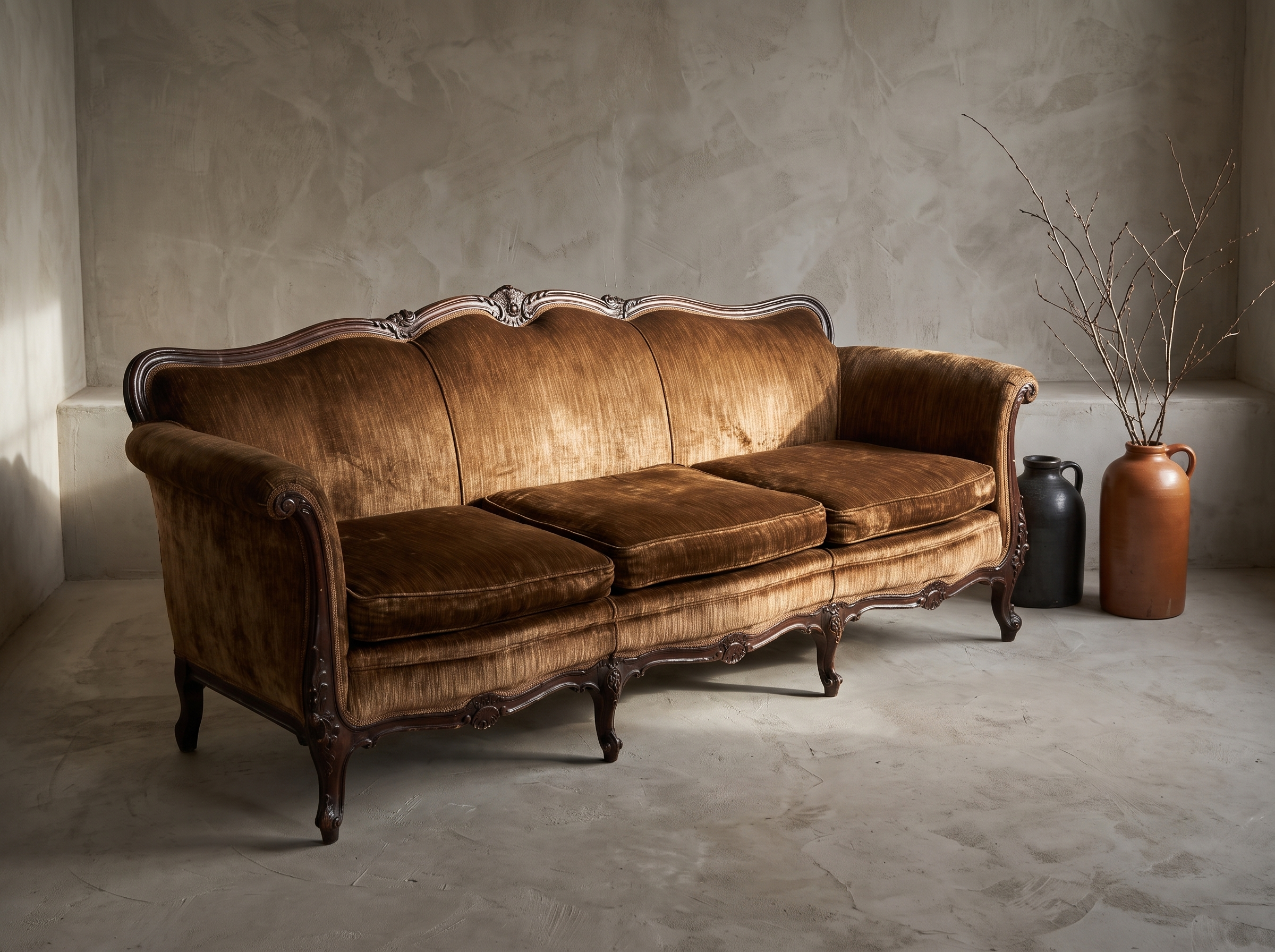Vintage brown velvet Victorian camelback sofa, lifestyle three-quarter view in a greige plaster room