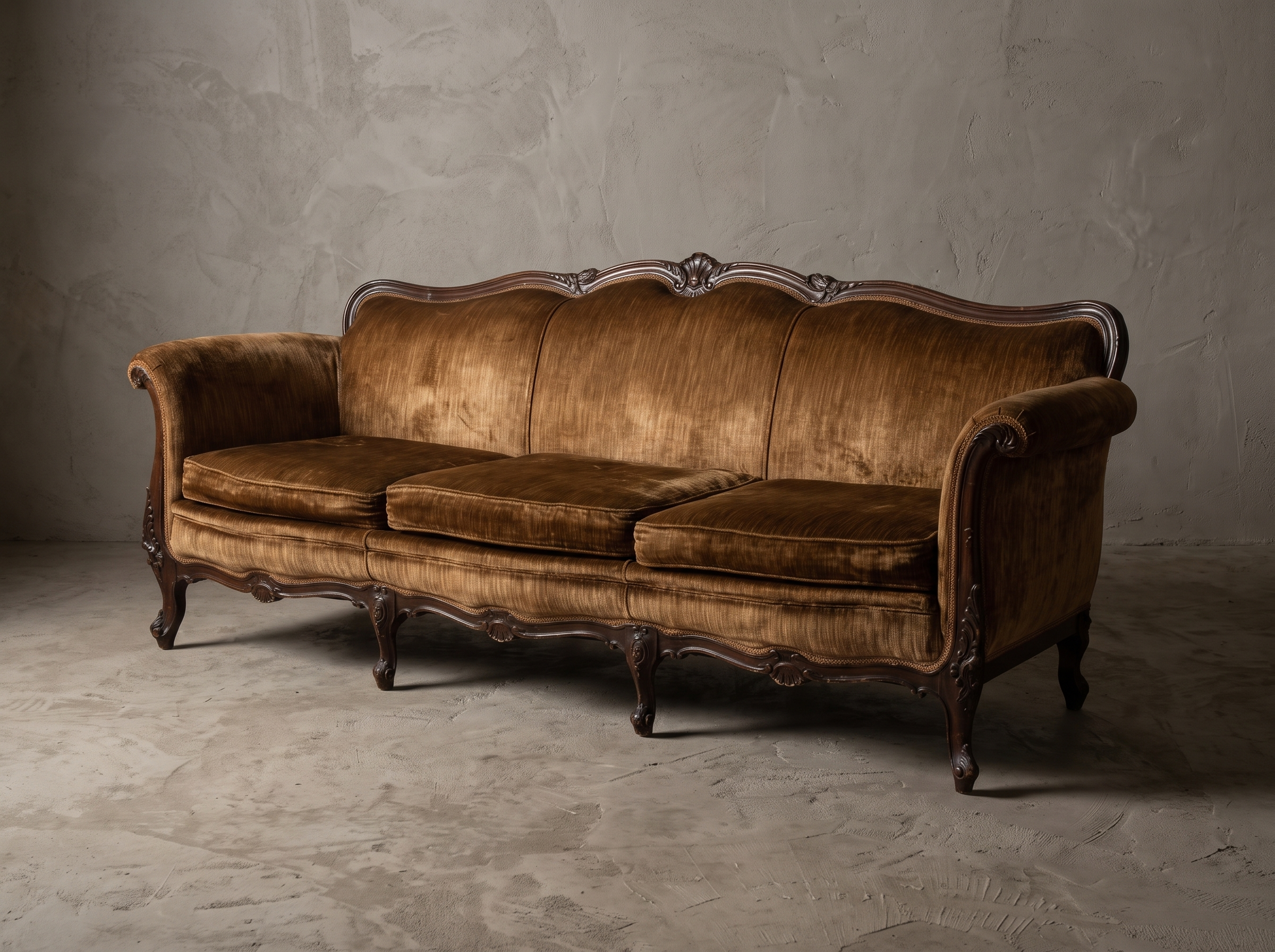 Vintage brown velvet Victorian camelback sofa, three-quarter view showing carved frame and cabriole legs
