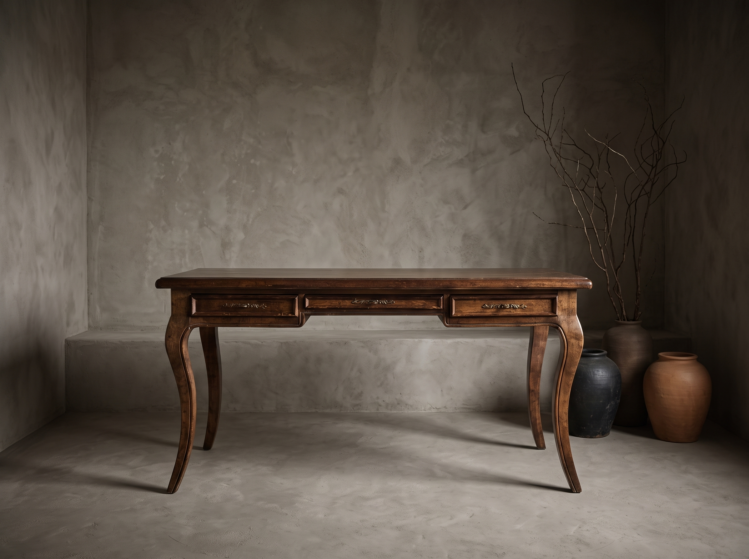 The Cabriole Writing Desk, vintage French Provincial writing desk in a greige plaster room with stoneware vessels and dried branches