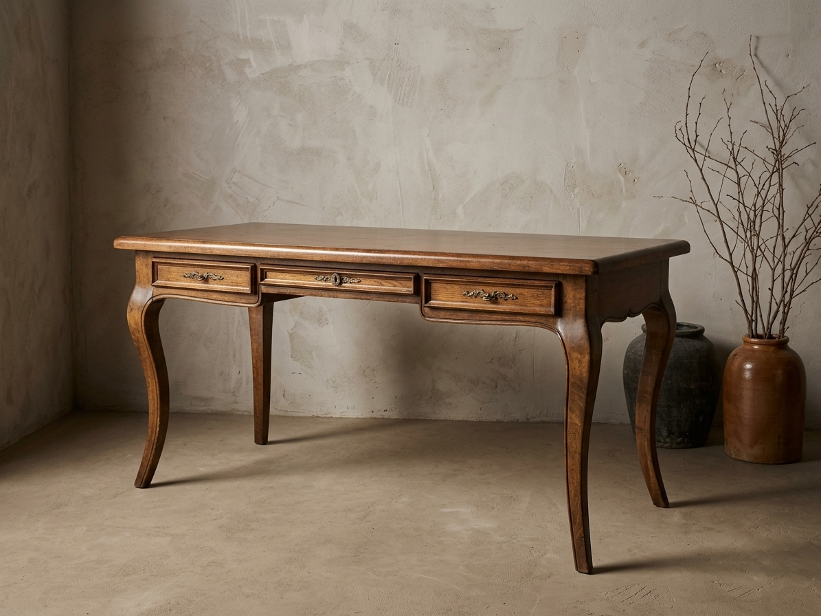 The Cabriole Writing Desk, three-quarter view showing the cabriole legs and three-drawer front