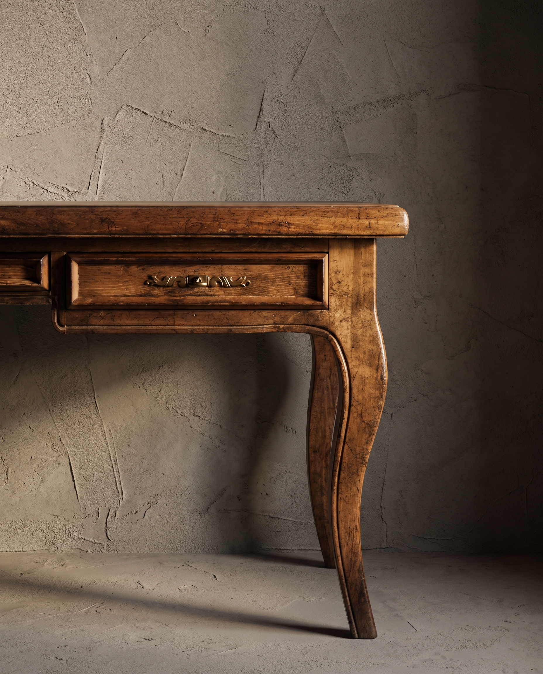 The Cabriole Writing Desk, macro detail of the center drawer pull, keyhole escutcheon, and cabriole leg