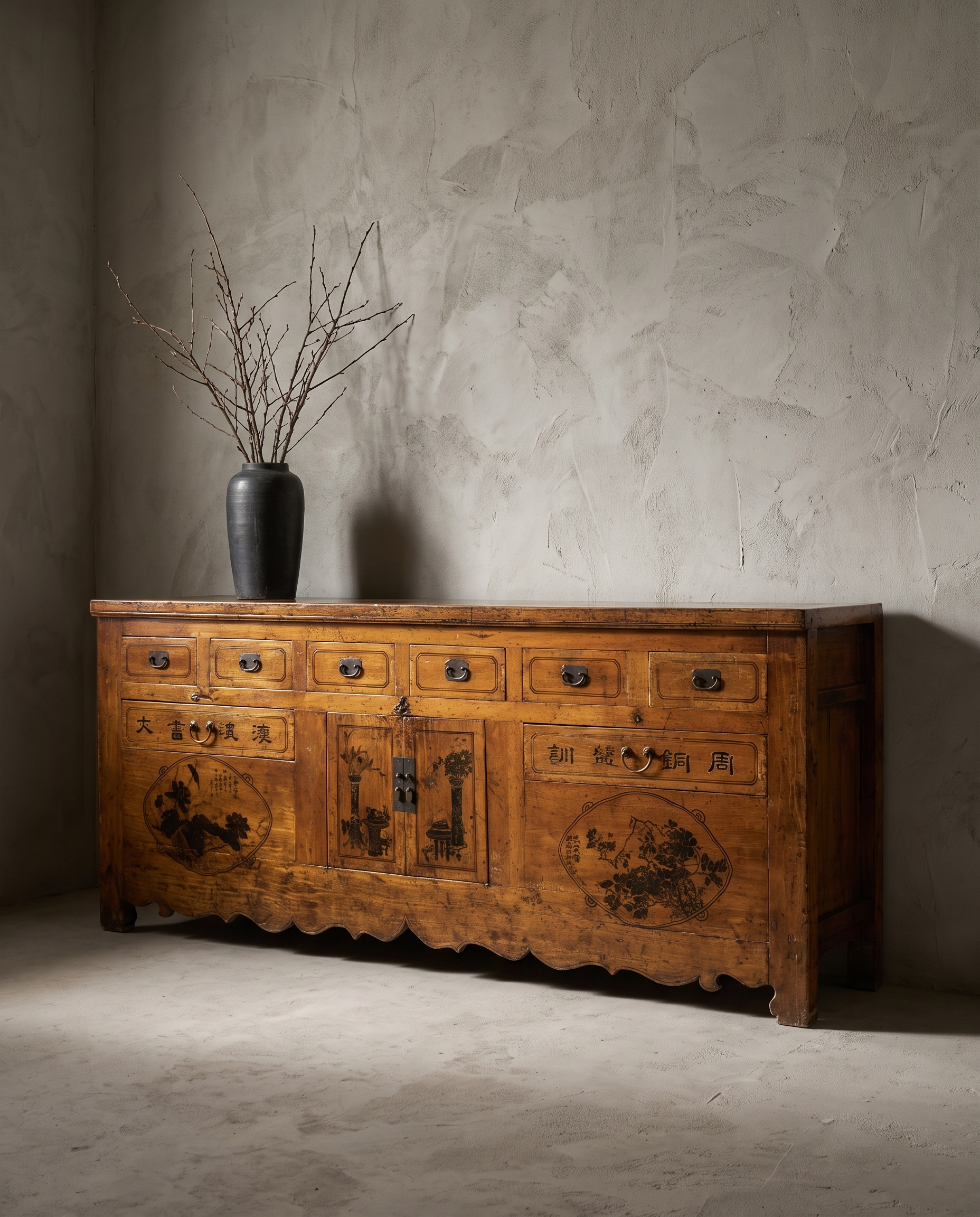 Antique Chinese hand-painted sideboard, three-quarter view