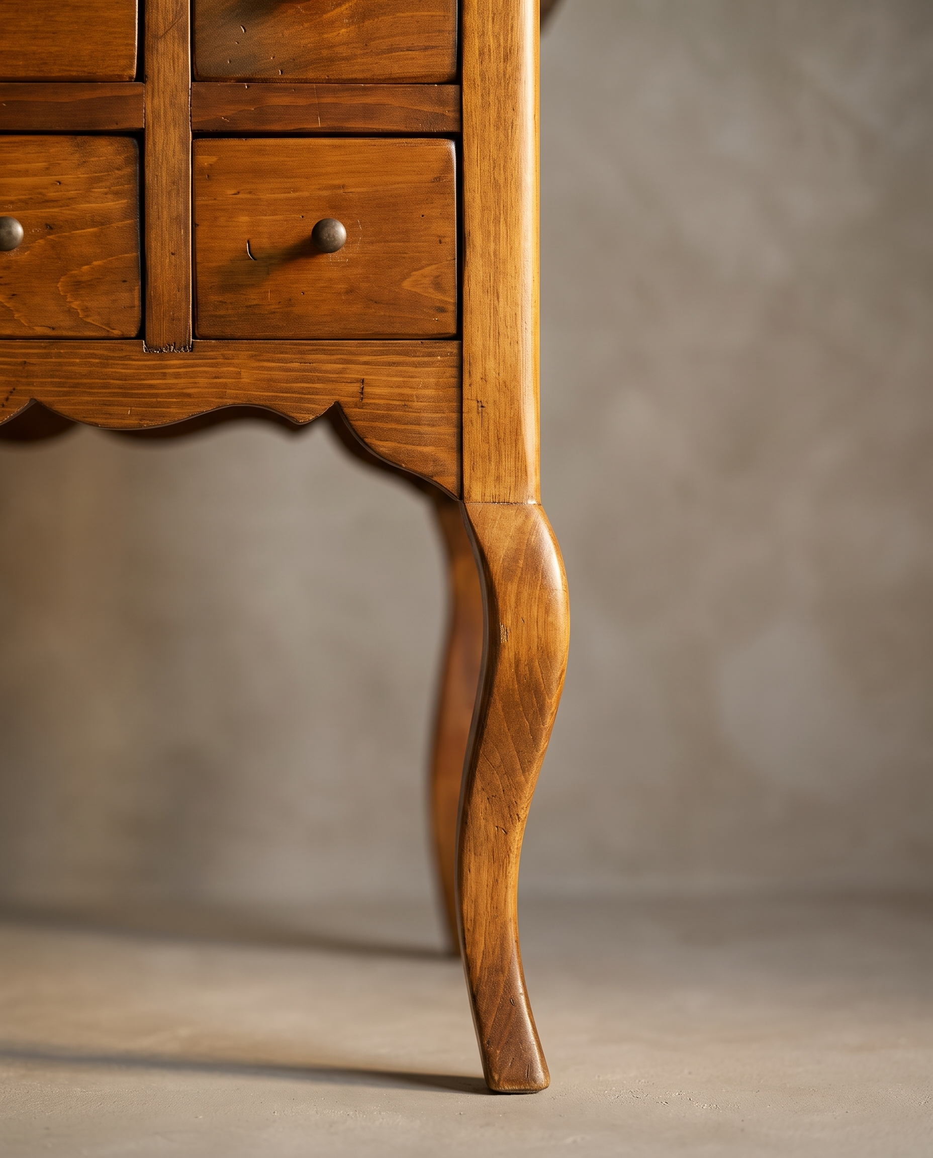 Apothecary six-drawer side table, leg and apron detail