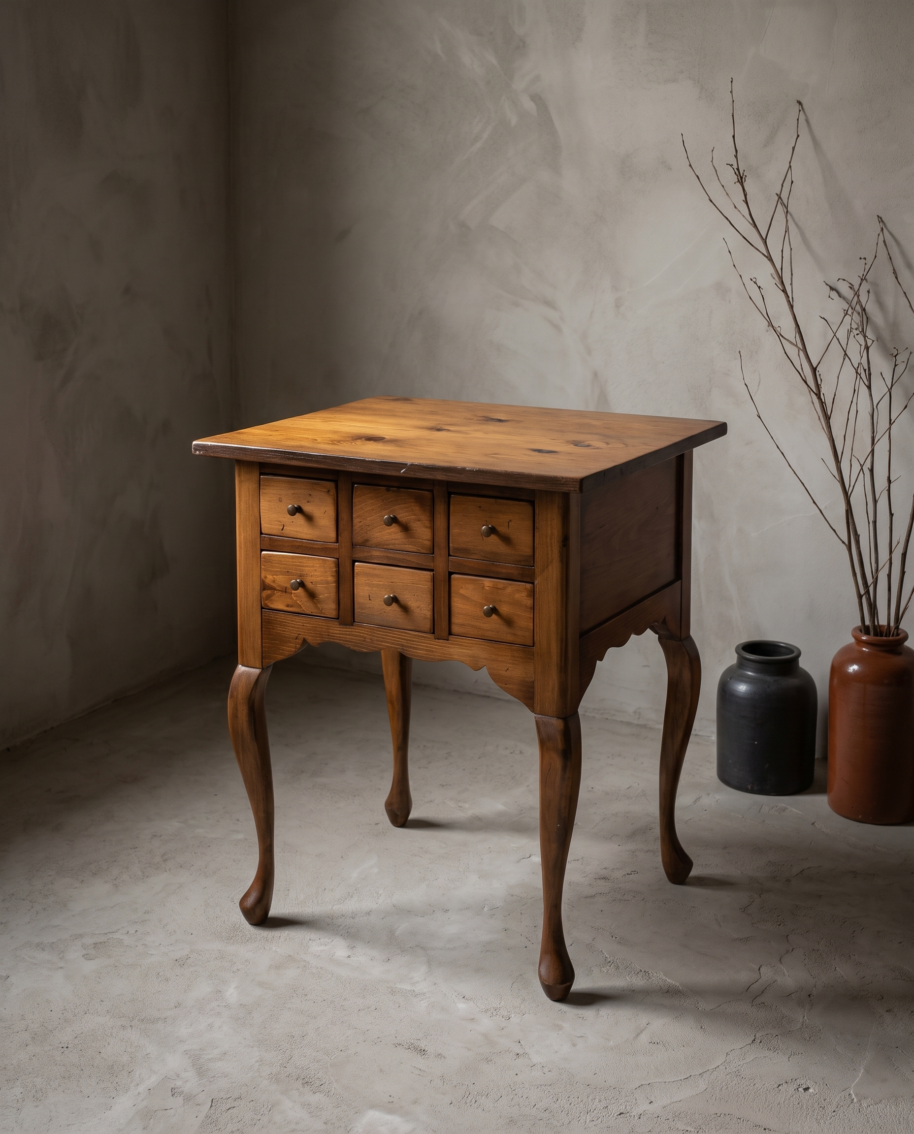 Apothecary six-drawer side table, 45 degree three-quarter view