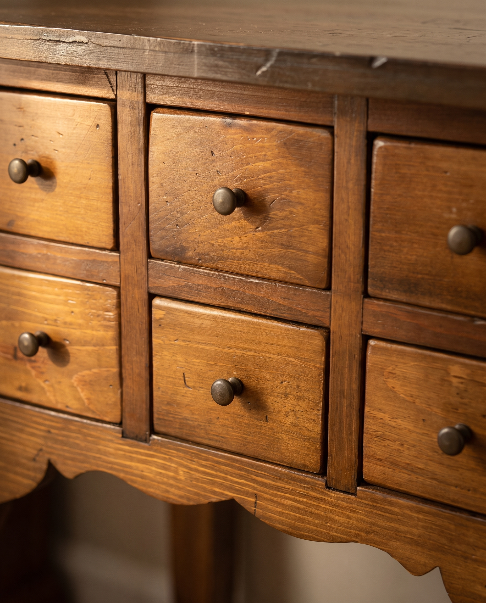 Apothecary six-drawer side table, drawer grid detail