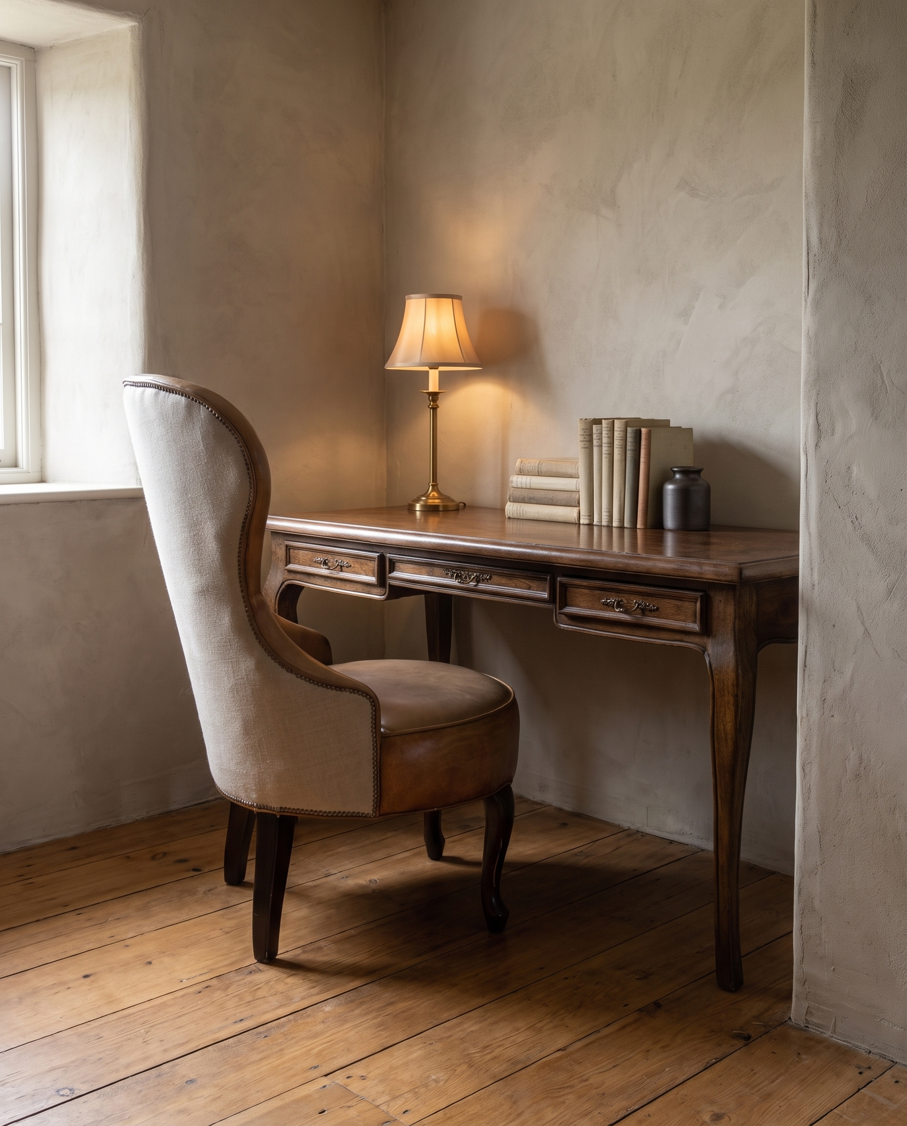 The Cabriole Writing Desk paired with a leather and linen wingback chair in a cozy plaster nook with warm lamp light