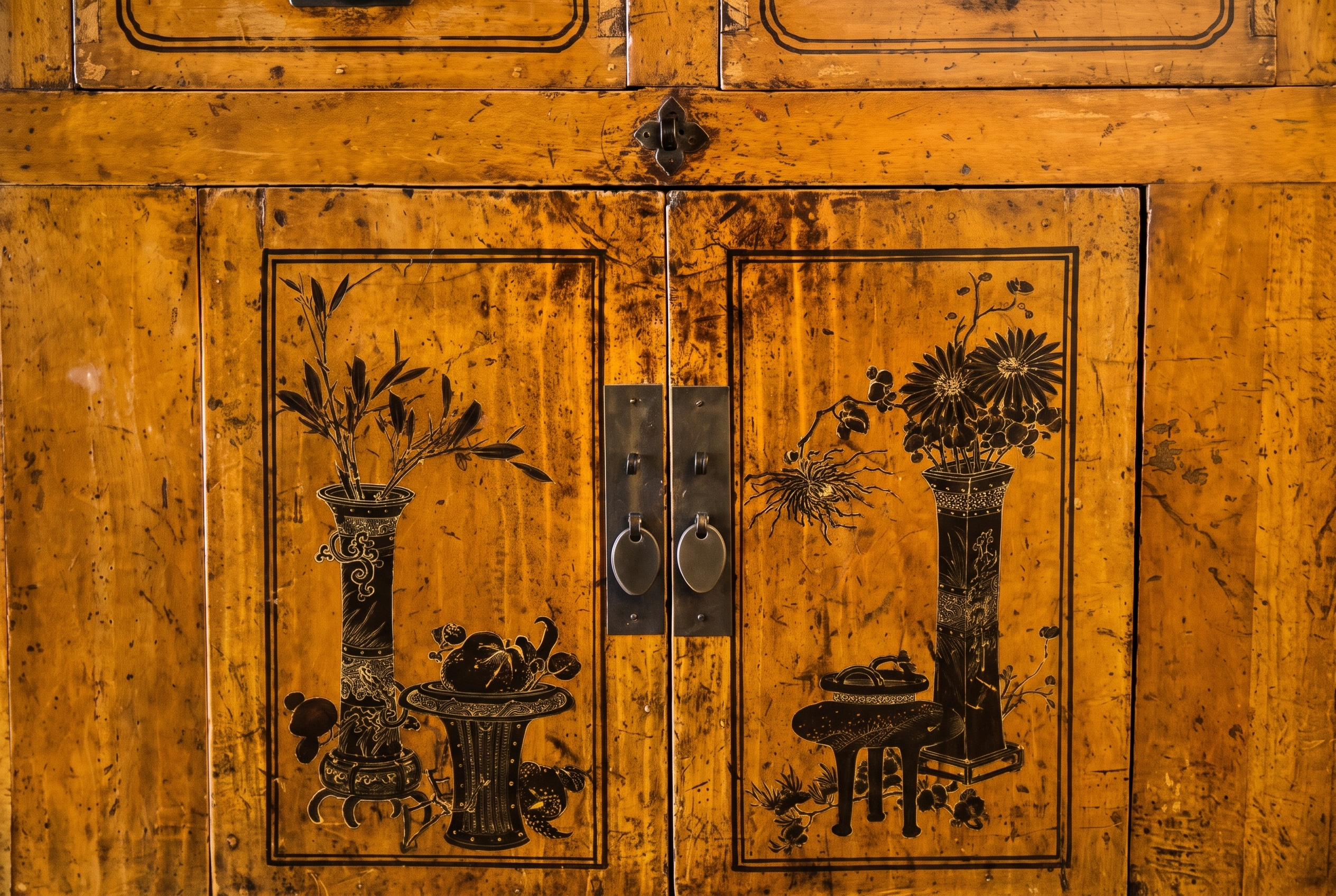Antique Chinese hand-painted sideboard, cabinet door detail