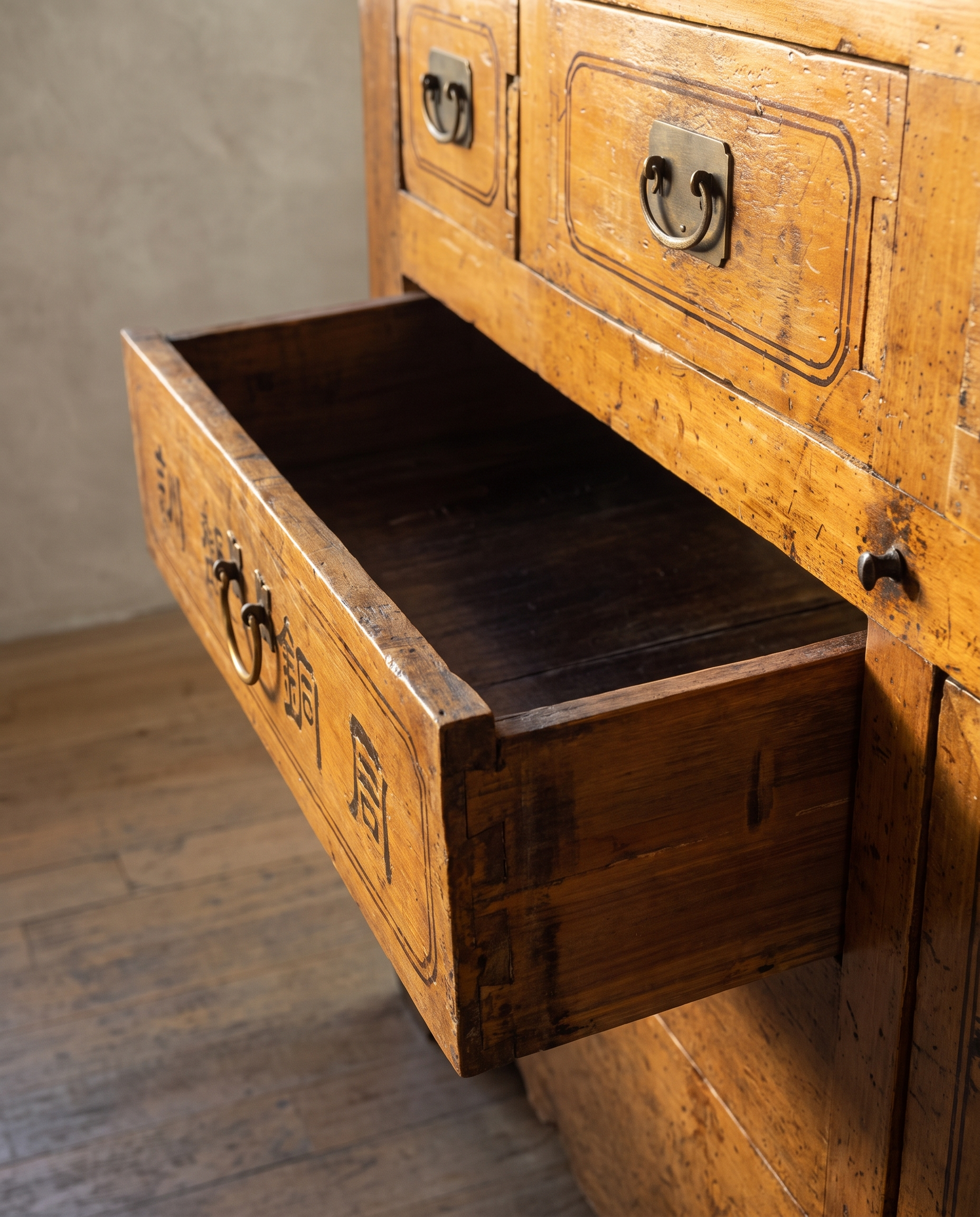 Antique Chinese hand-painted sideboard, long calligraphy drawer open