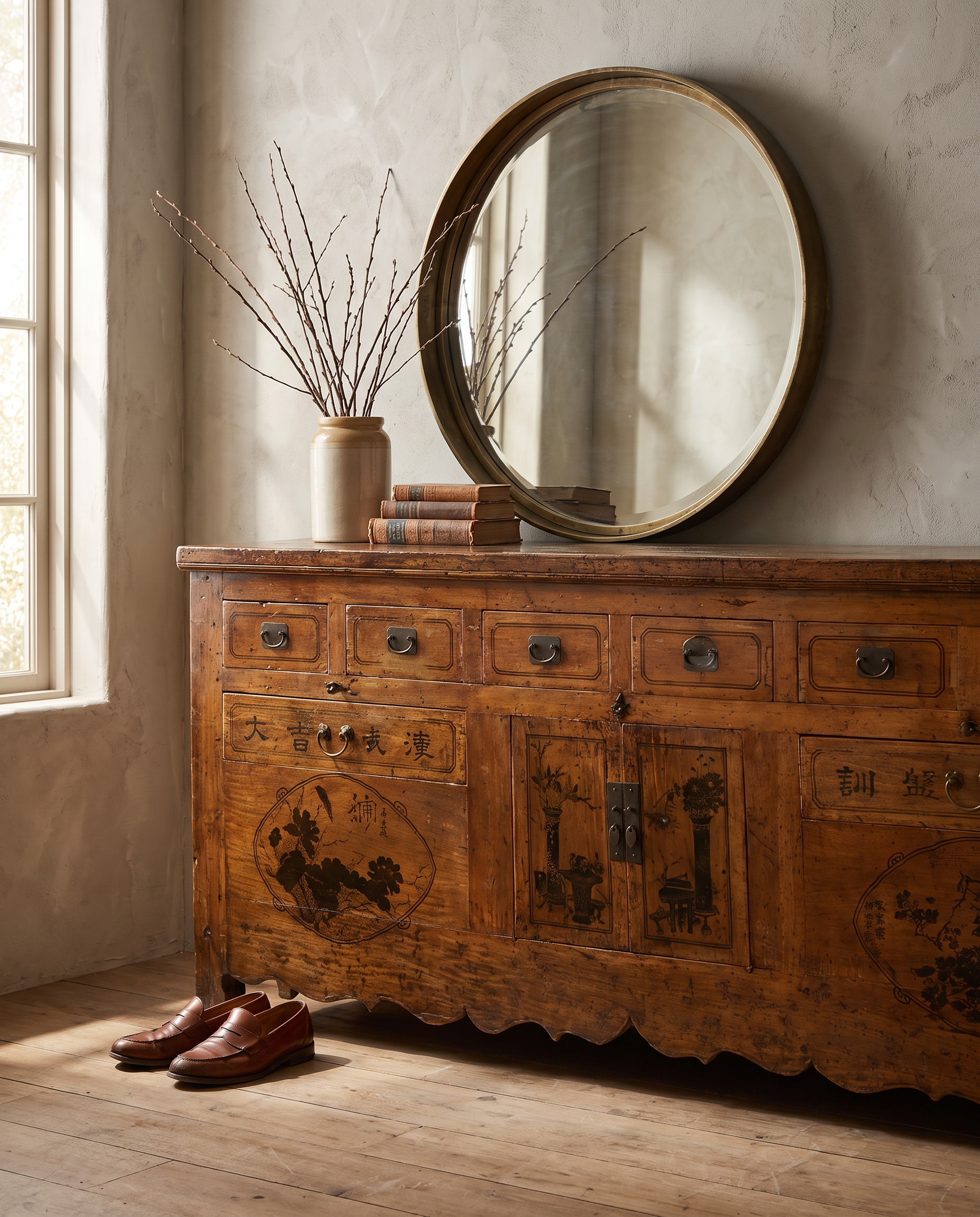 Antique Chinese hand-painted sideboard styled in an entryway with mirror, showing scale