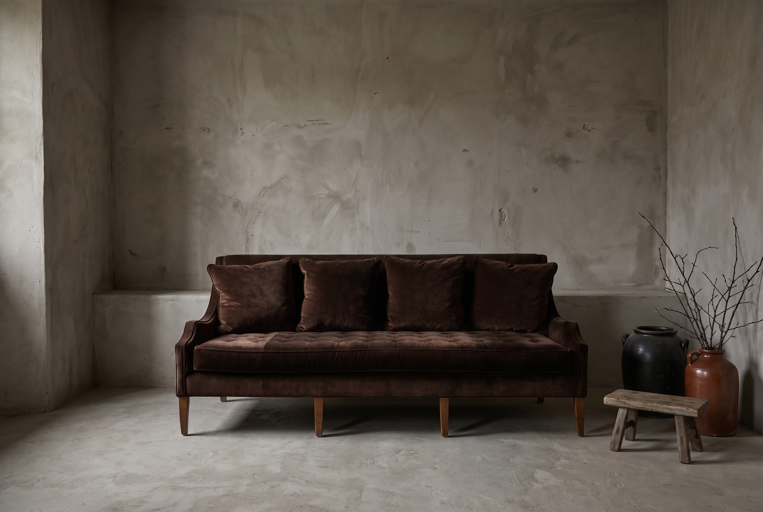 Chocolate velvet tufted sofa, front view